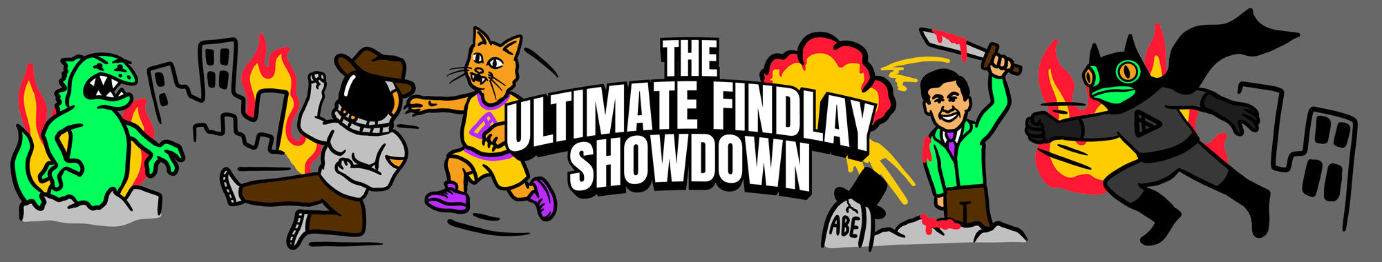 The image is a collage of various cartoon-style characters, including a cat, a person, and a green monster, all depicted in a dynamic and colorful manner.