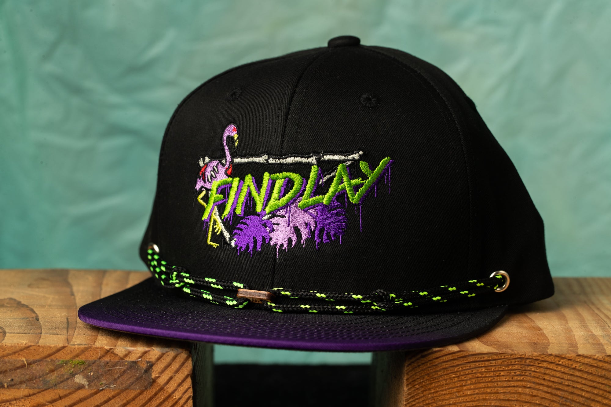 A black baseball cap with a purple and green design, featuring the word "FINDlay" in green text.