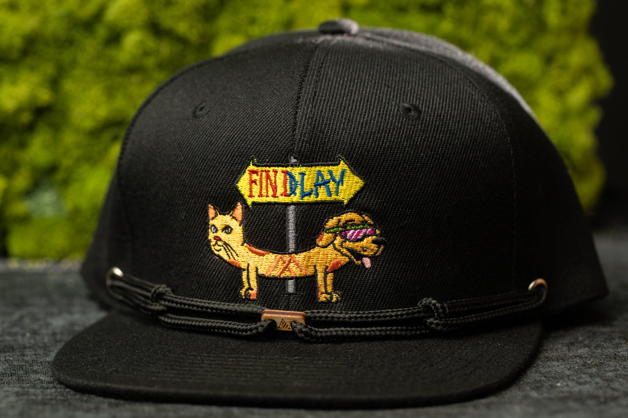A black baseball cap with a colorful embroidered design on the front, featuring a cat and a dog.