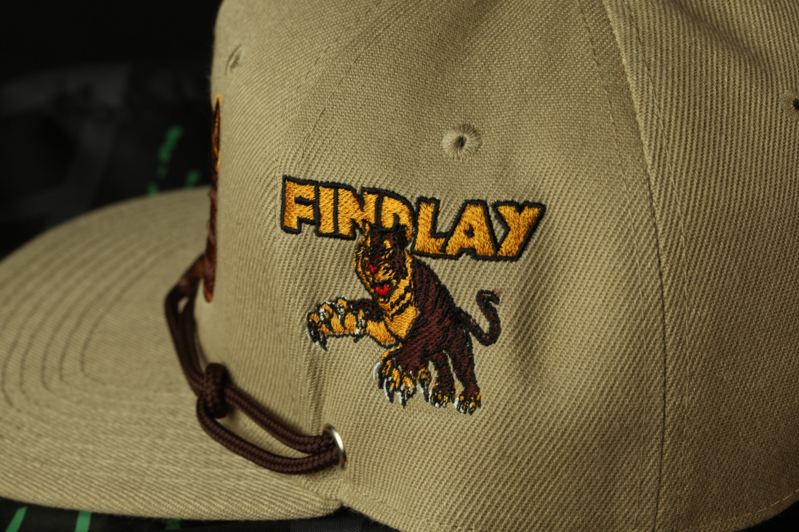 A close-up view of a tan baseball cap with a graphic of a cat and the word "FINDlay" printed on it.