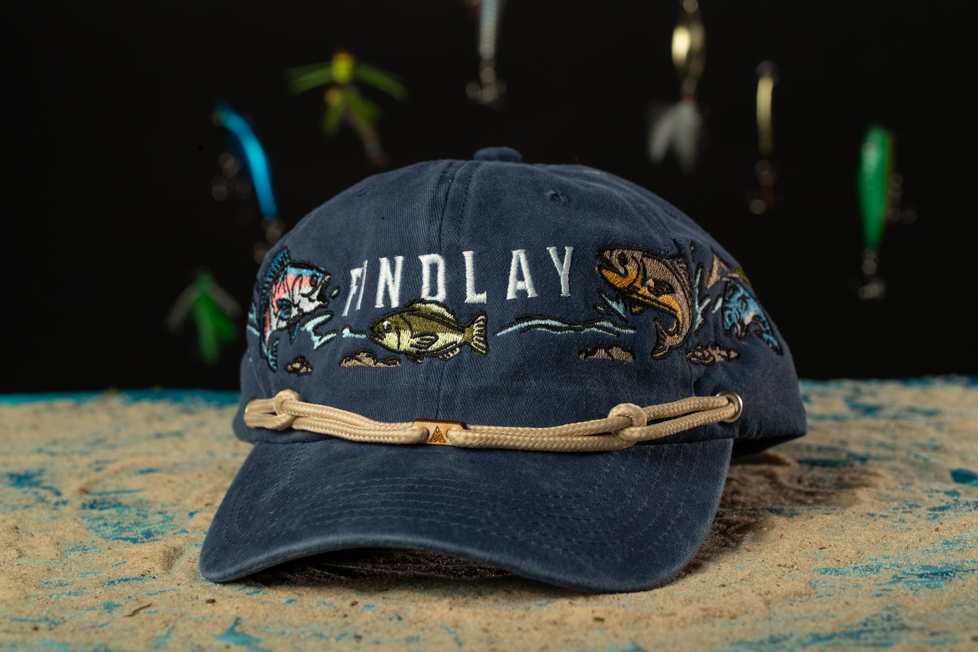 a hat with a fishing theme on it