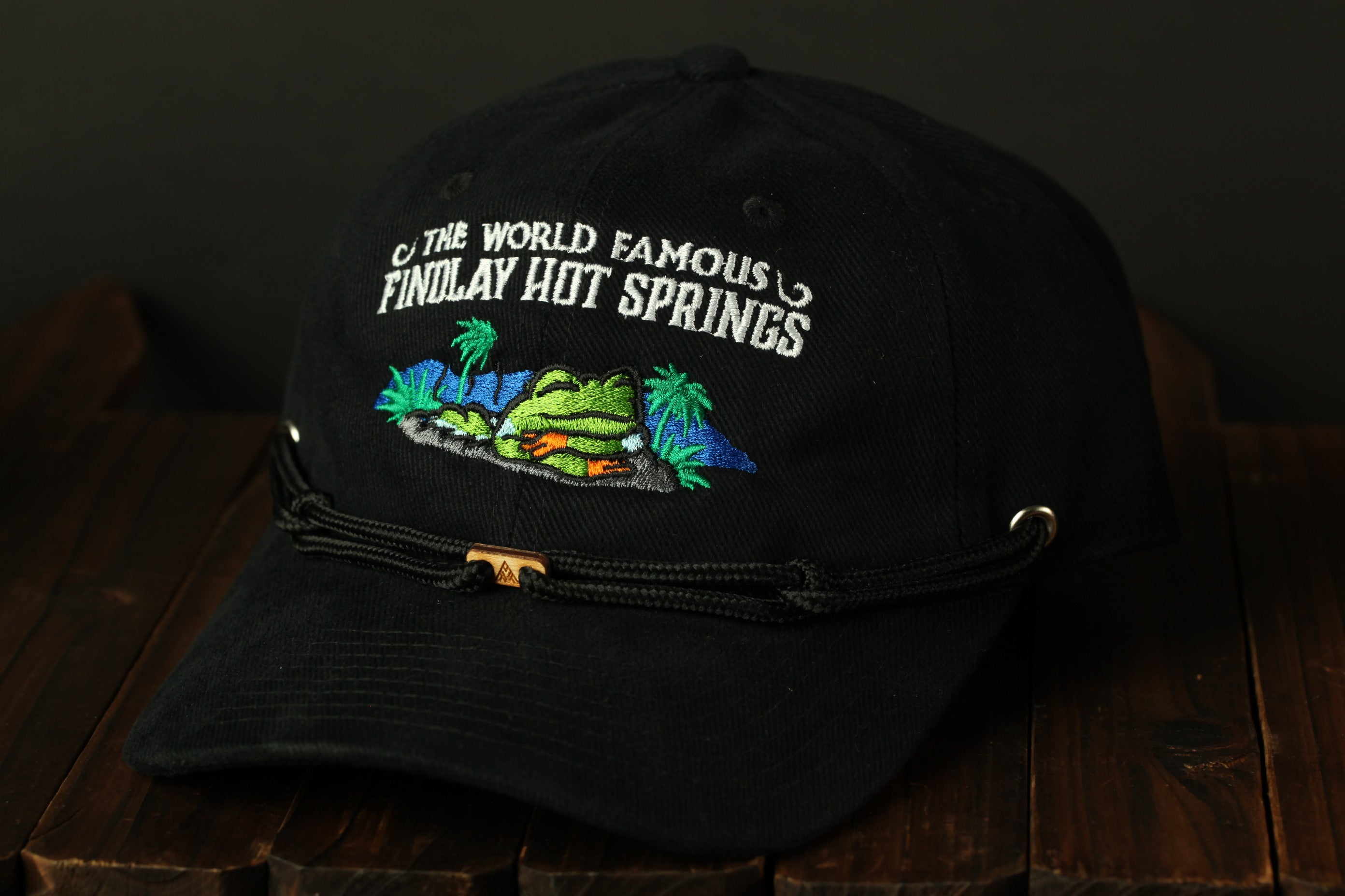 A black baseball cap with a printed design on the front, featuring a frog and palm trees, and text that reads "The world famous Findlay Hot Springs".