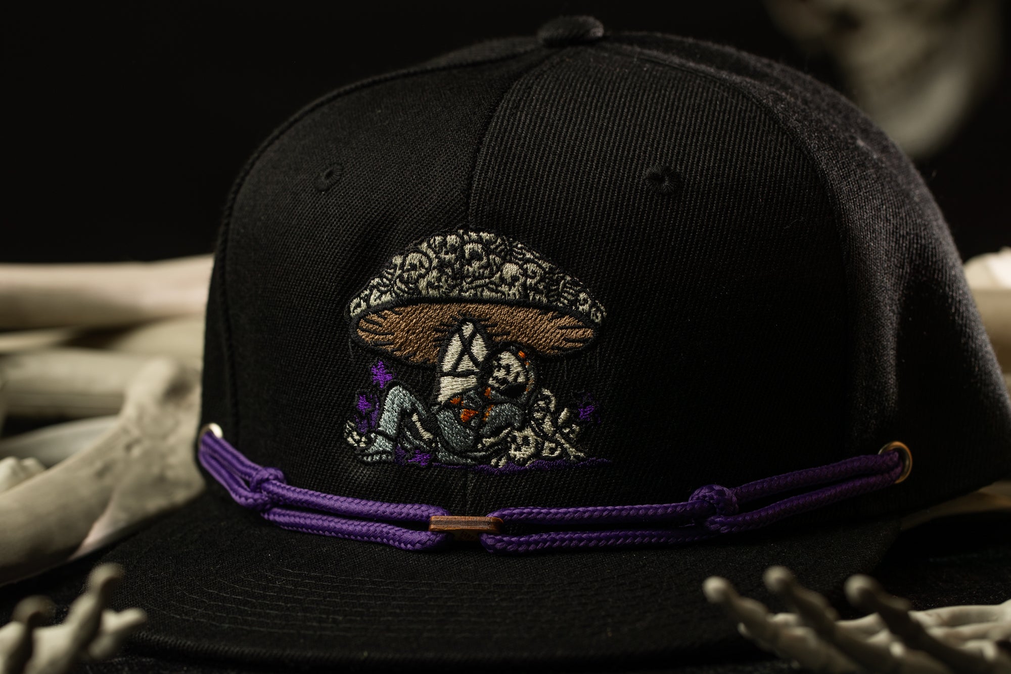 A black baseball cap with a purple band and an embroidered design on the front.