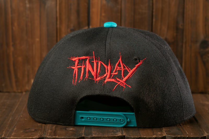 A black baseball cap with a teal brim and the word "FINDlay" printed in red on the front.