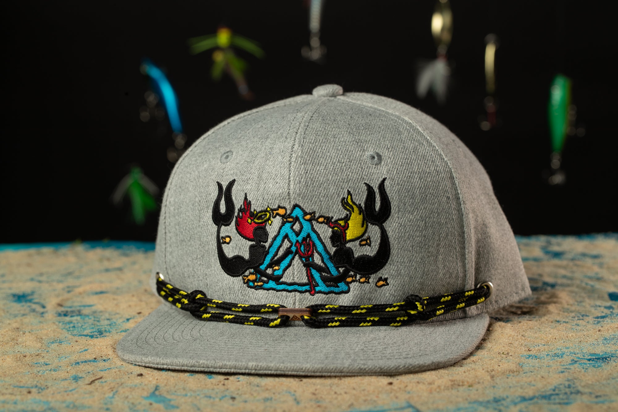 a gray hat with a picture of a person on it