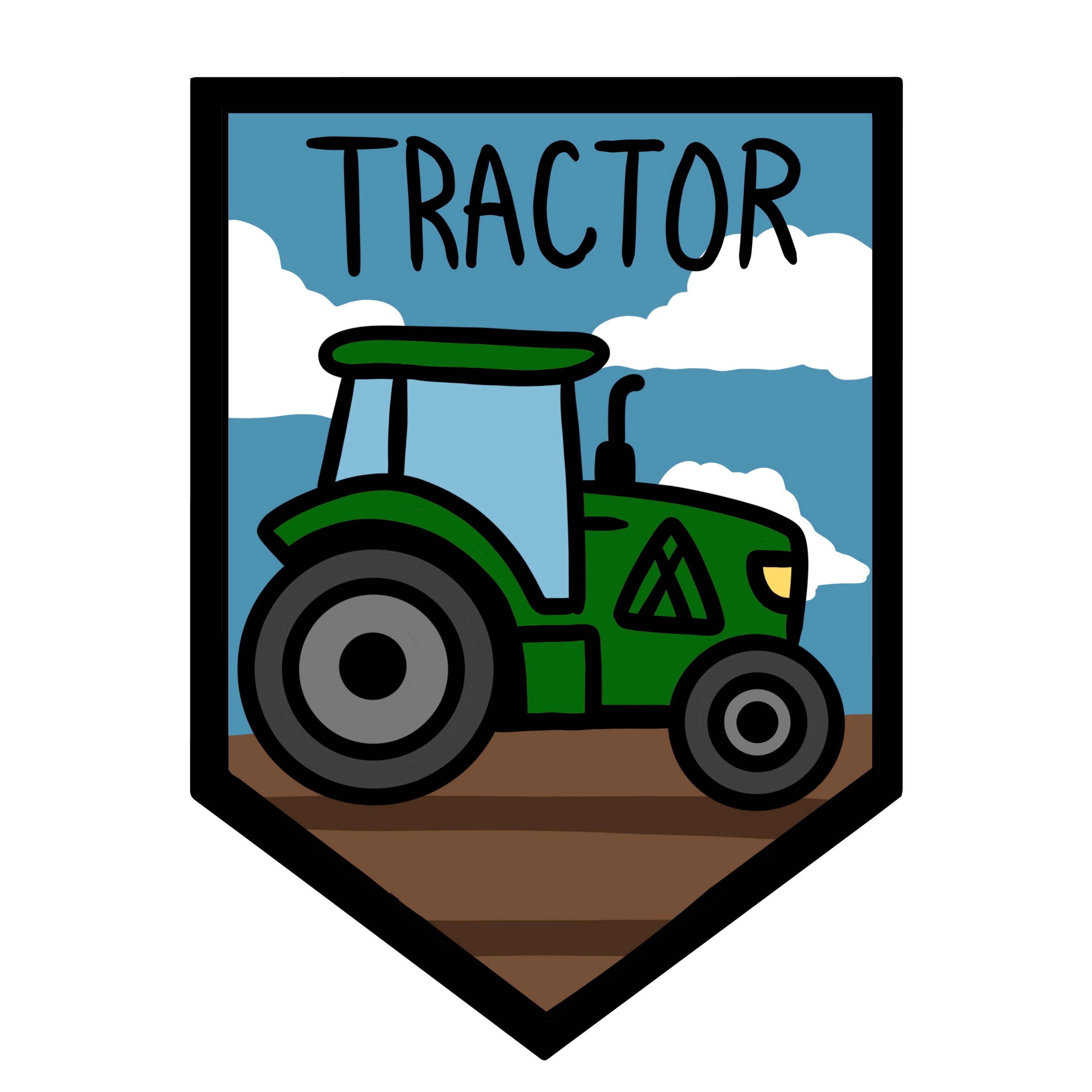 A green tractor is depicted in the center of a shield-shaped frame against a cloudy sky background.