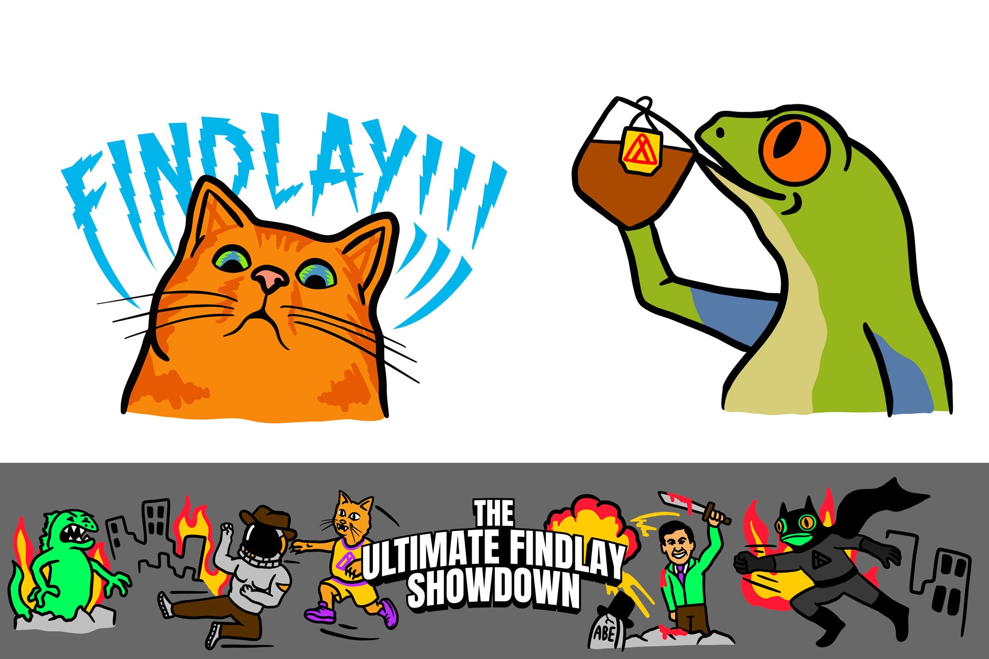 The image is a collage of various cartoon-style illustrations, including a cat, a frog, and other characters, along with text and graphics related to the "Ultimate Findlay Showdown".