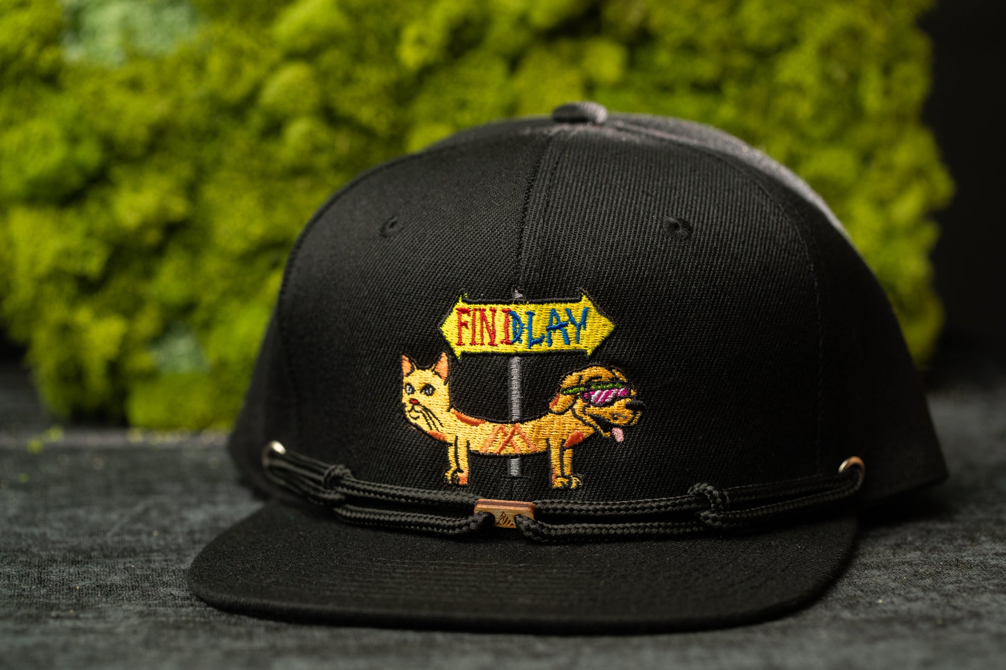 A black baseball cap with a cartoon cat and dog design, along with the text "FINDLAY" on the front.