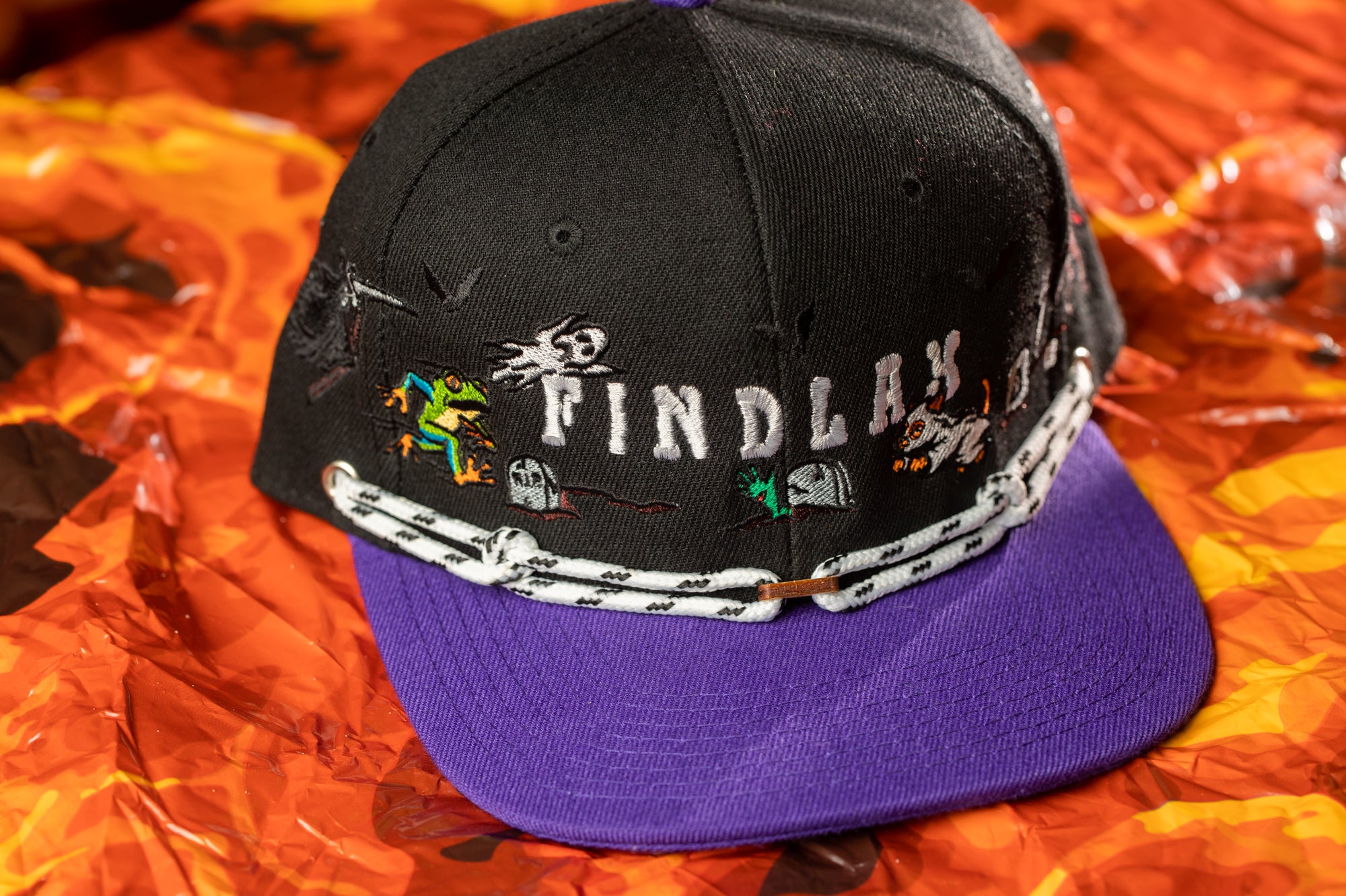 A black baseball cap with a purple brim, featuring a cartoon character and the word "FINDLAY" printed on it, is placed on a colorful background.