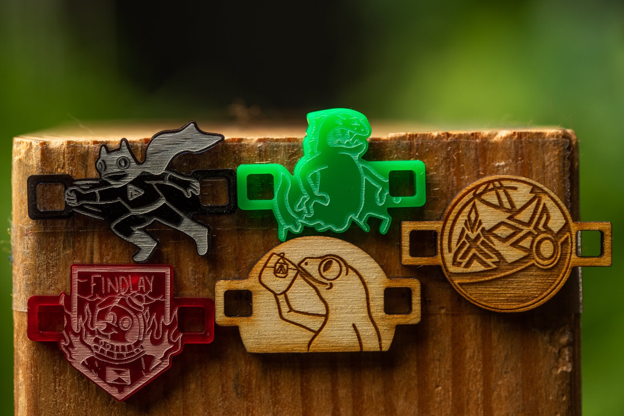 a wooden surface with five different printed objects, including a cat, a frog, a bird, a fish, and a skull.