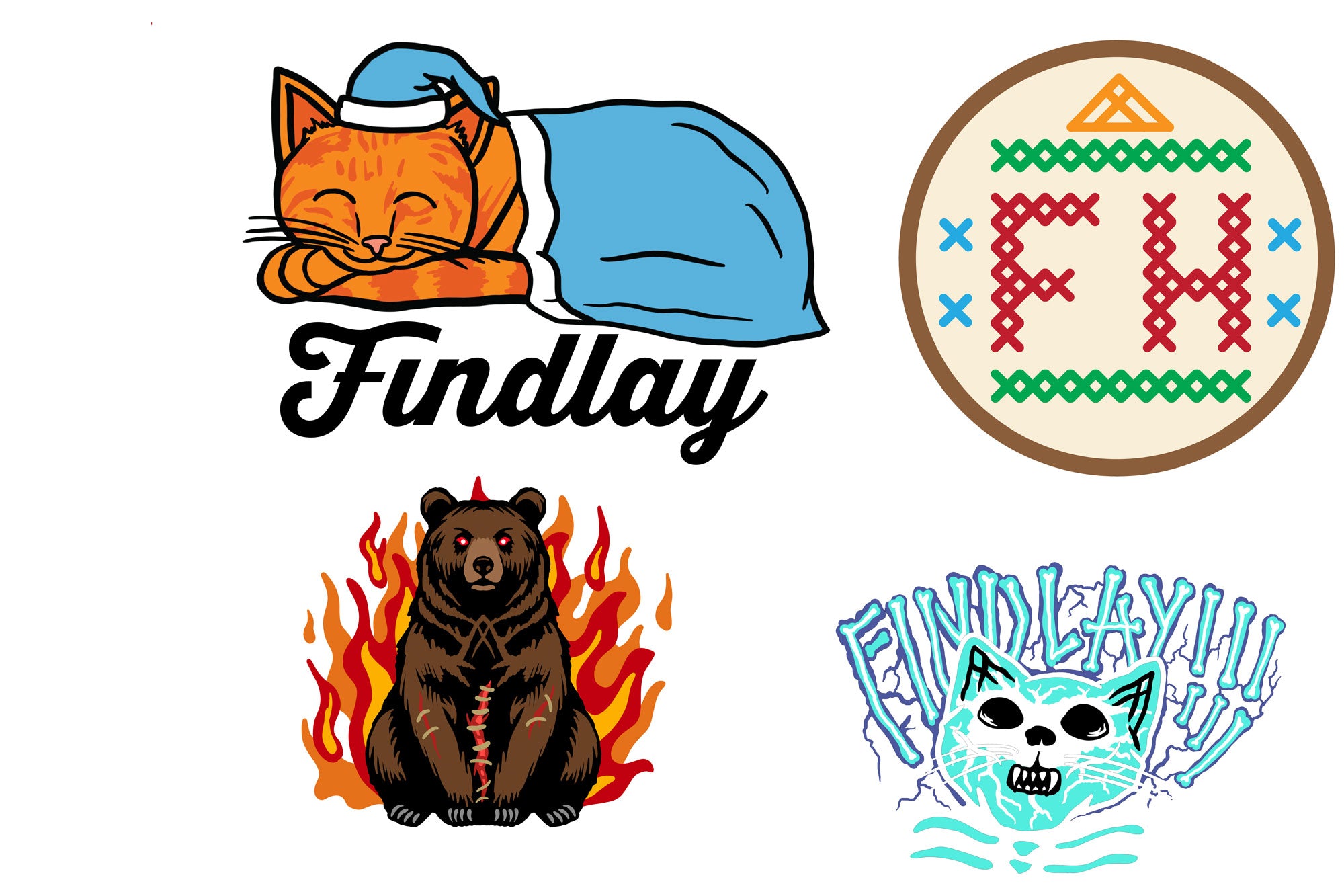 four distinct illustrations: an orange cat sleeping in a blue blanket, a brown bear sitting on a burning fire, a blue cat with a skull-like face, and a circular logo with the letters 'FH' inside it.