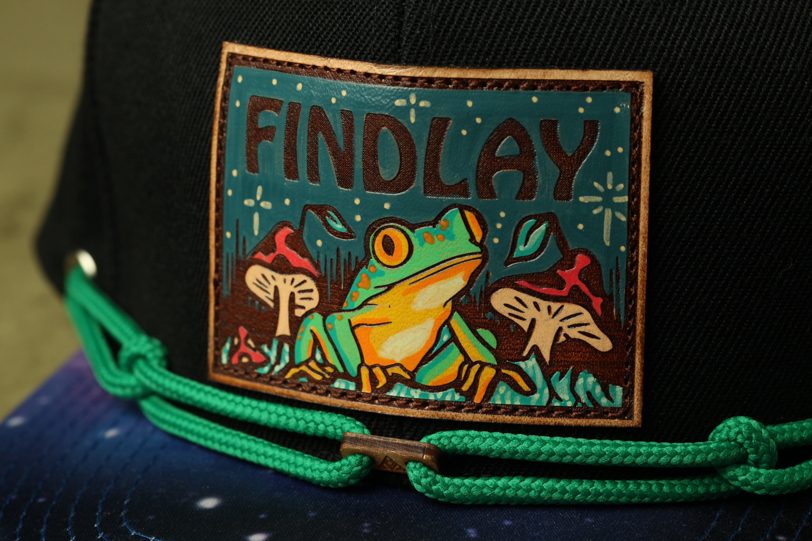 a close-up of a black baseball cap with a colorful patch on the front. The patch has a frog illustration and the word "FINDLAY" written on it.