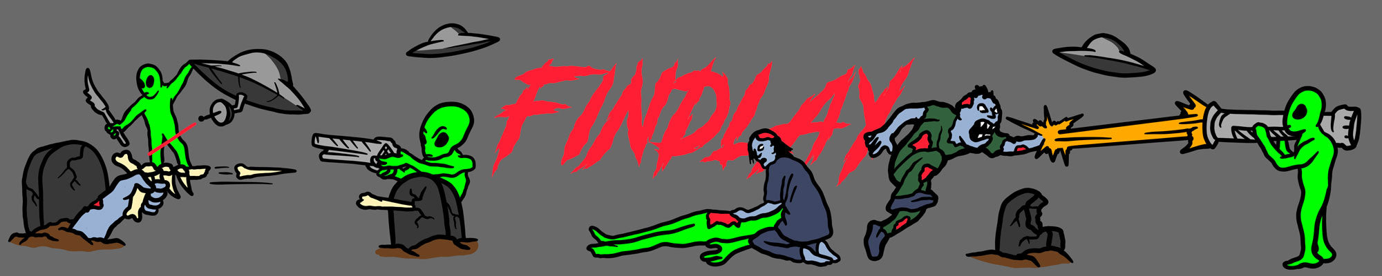a group of green alien characters engaged in various activities, such as fighting, running, and interacting with each other. The word "FIND" is prominently displayed in the center of the image, suggesting a theme or message related to the characters or their actions.
