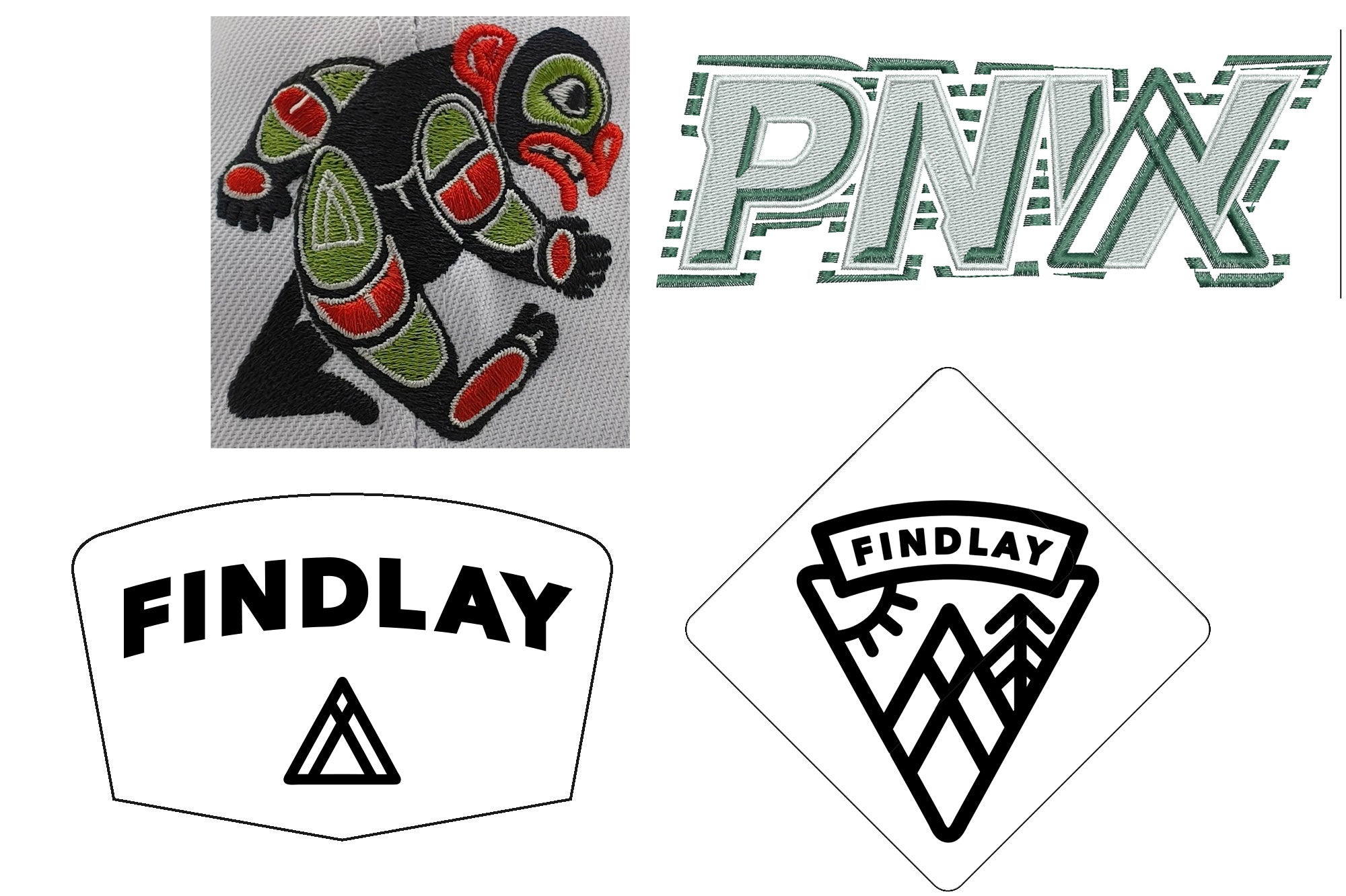 four logos, including a large embroidered image of a dragon, a stylized text logo, a logo for a company called Findlay, and a logo for a company called PNX.
