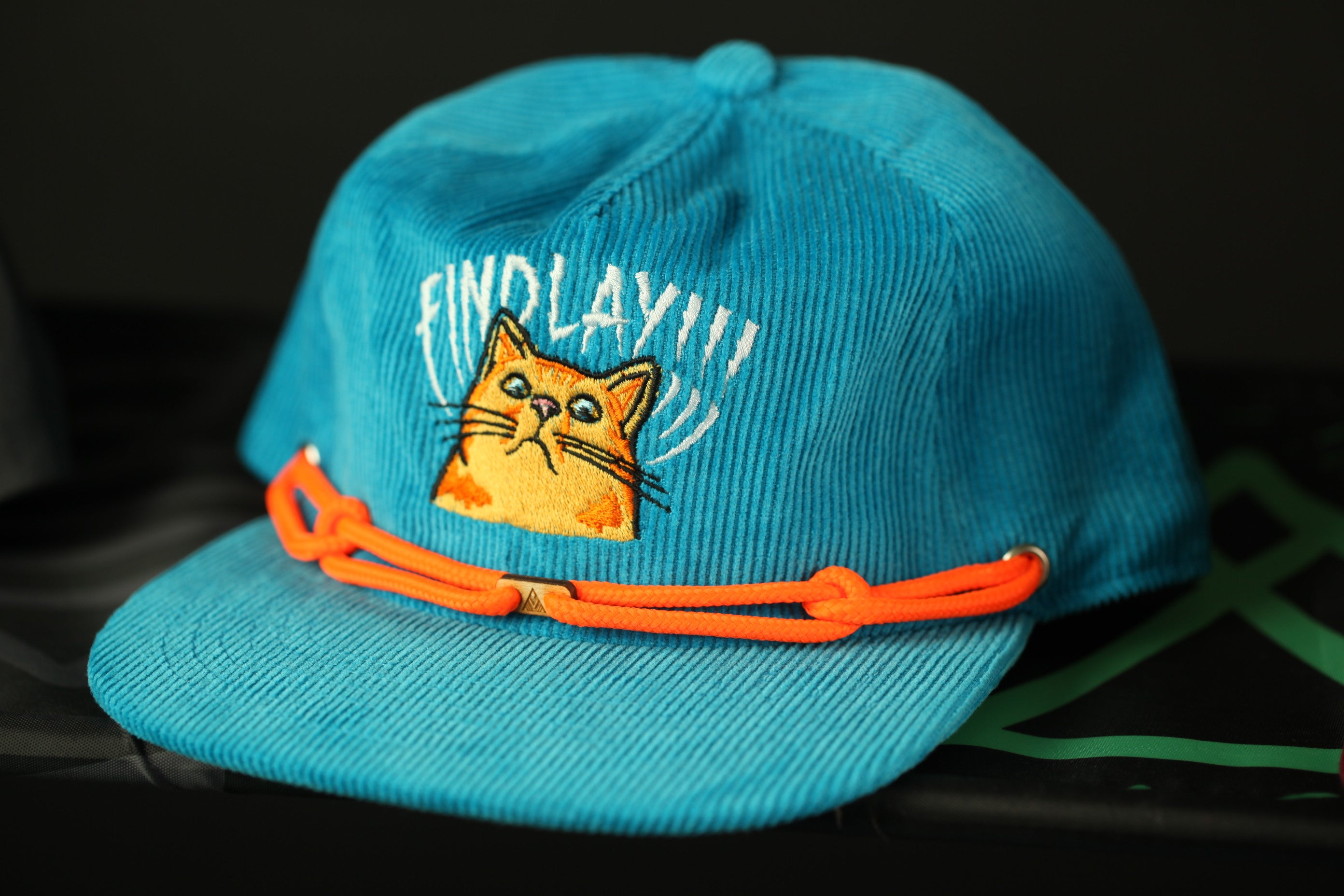 A blue baseball cap with an embroidered cat design and the text "FIND LAY" printed on it.