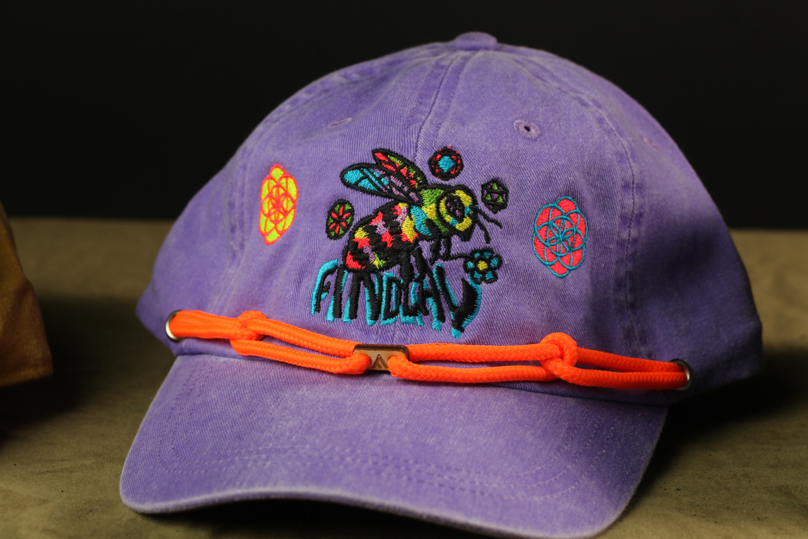 A purple baseball cap with a colorful bee design and the word "ATNDRY" printed on it.