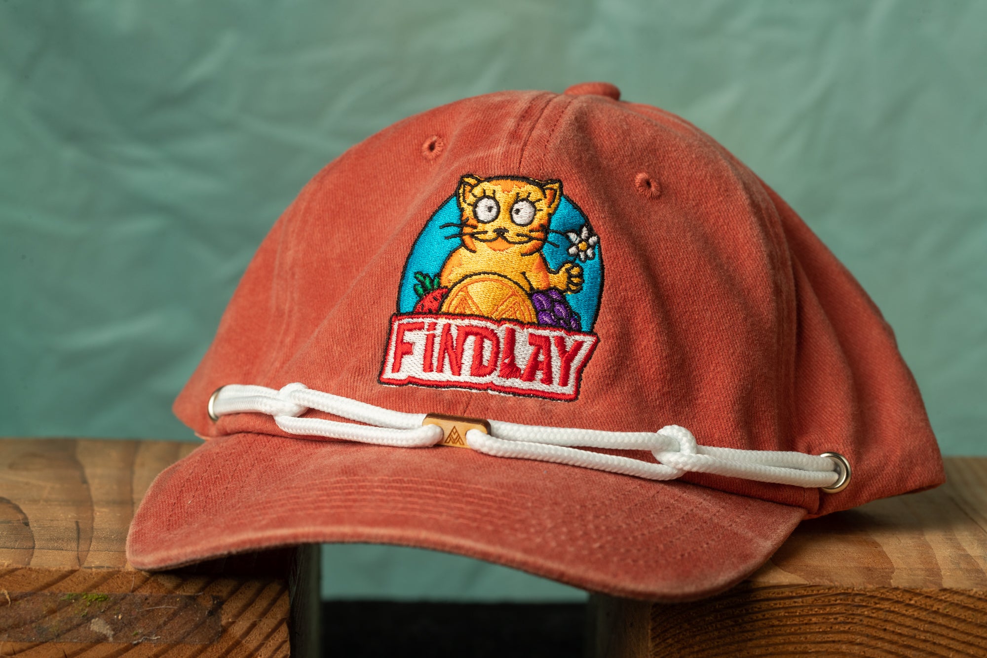 A red baseball cap with a cartoon cat logo and the word "FINDlay" printed on it.