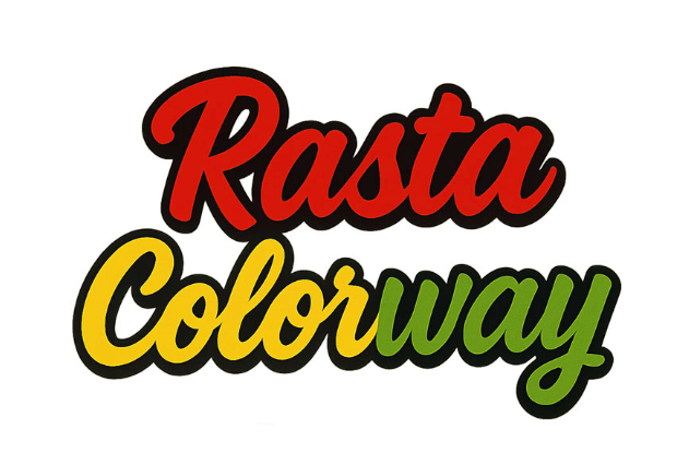 rasta and yellow lettering on a white background