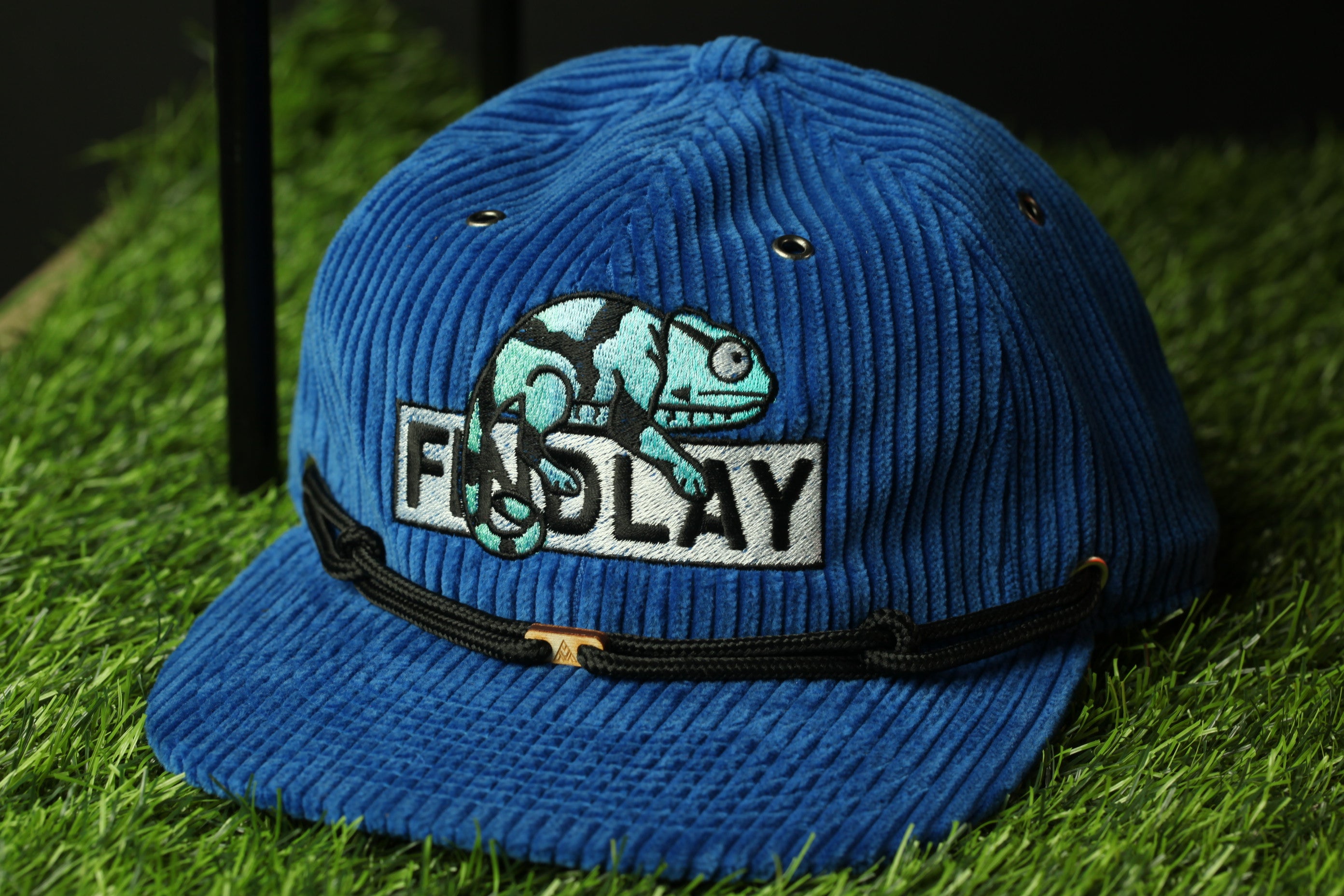 A blue baseball cap with a graphic of a chameleon on it, placed on a grassy surface.