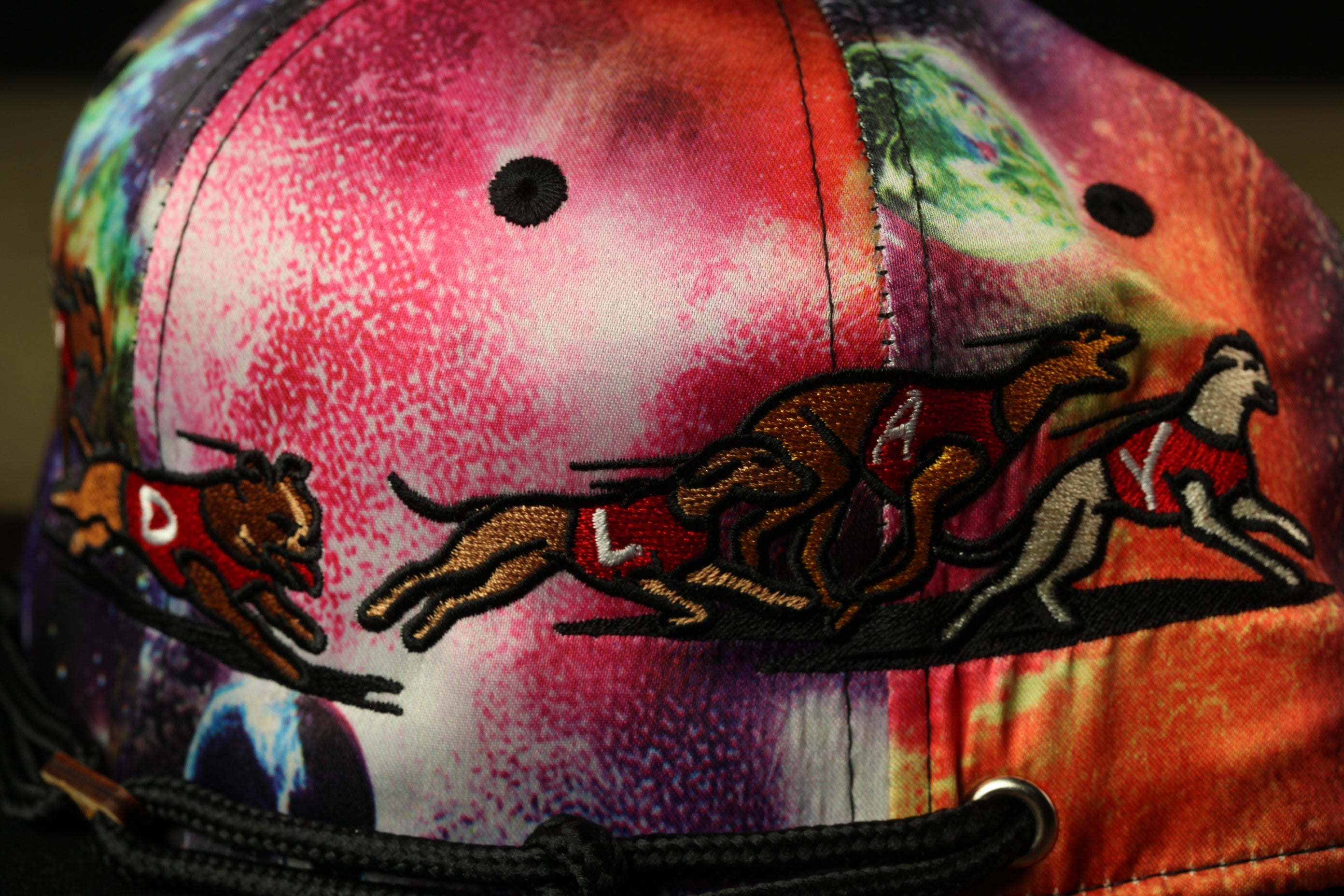 A colorful, patterned baseball cap with a design featuring a group of dogs running together.