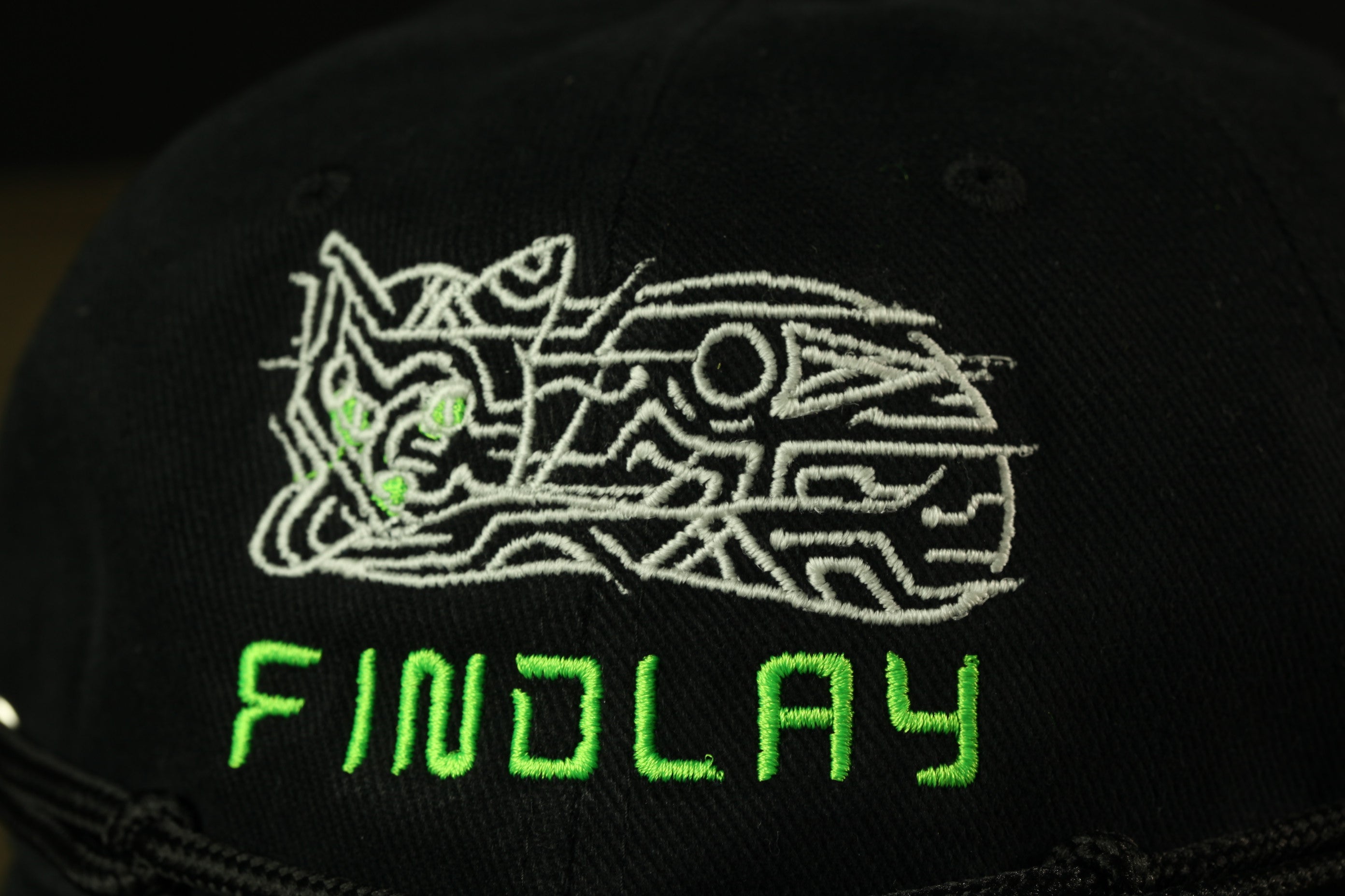 a close-up view of a black baseball cap with a white and green embroidered design on the front.