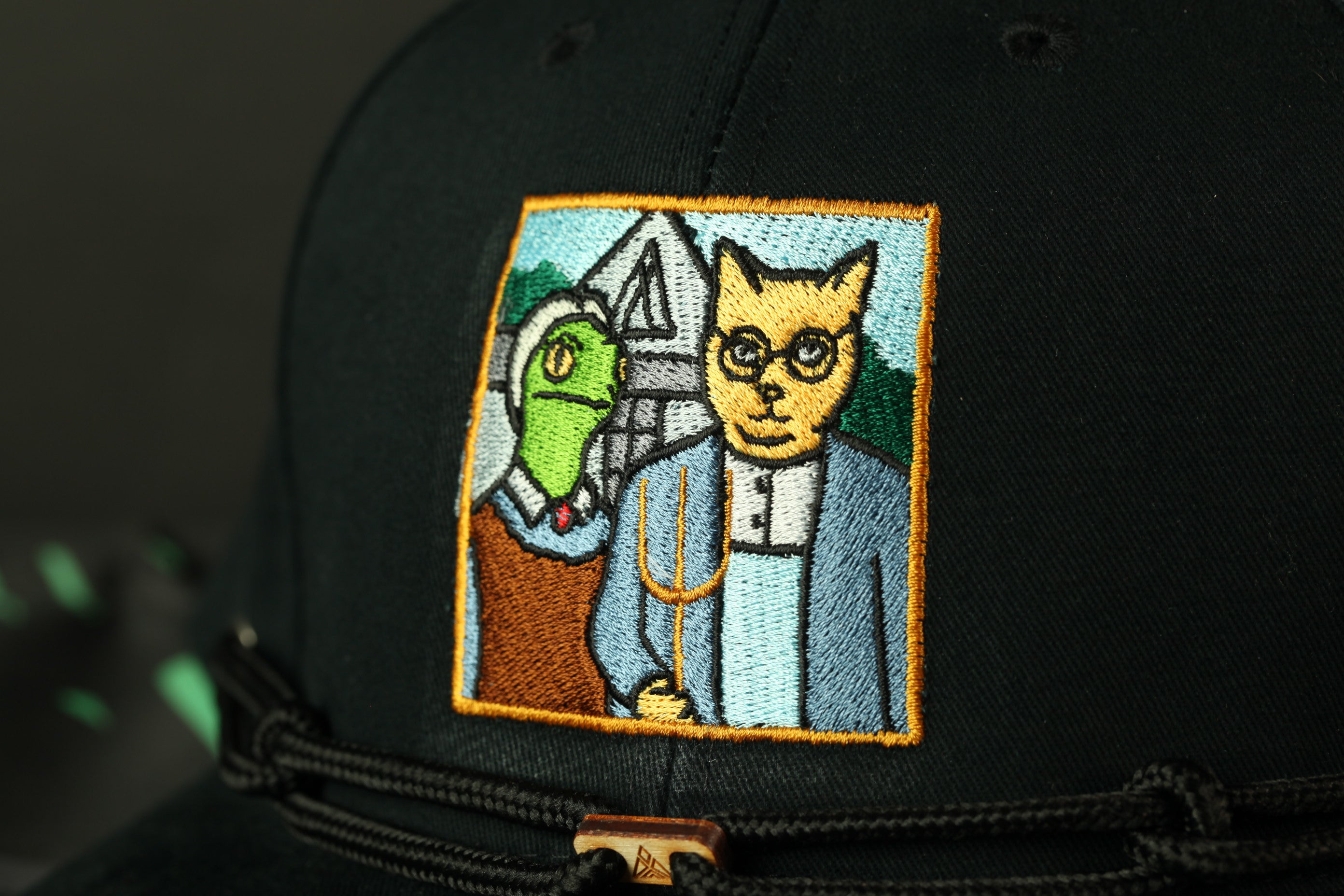 a close-up of a black baseball cap with a colorful patch on the front, depicting a cartoonish cat and a green frog.