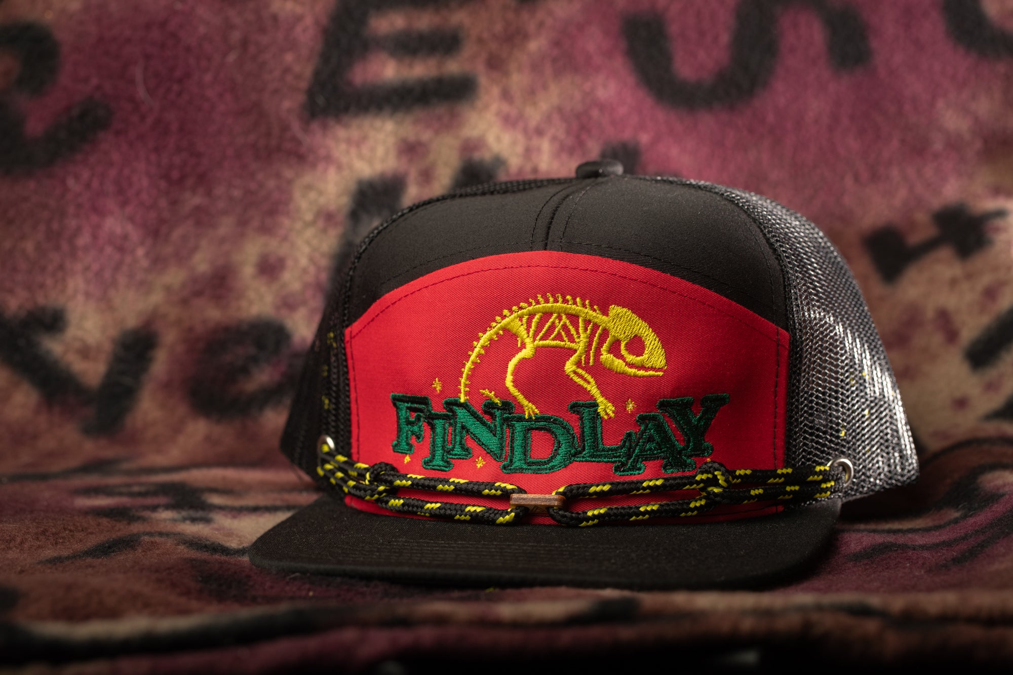A black baseball cap with a red and green design, featuring a chameleon and the word "FINDlay" on the front.