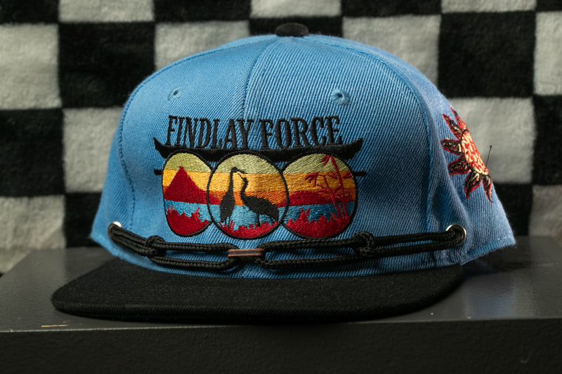 A blue baseball cap with a graphic design on it, featuring a bird silhouette and a sunset landscape.