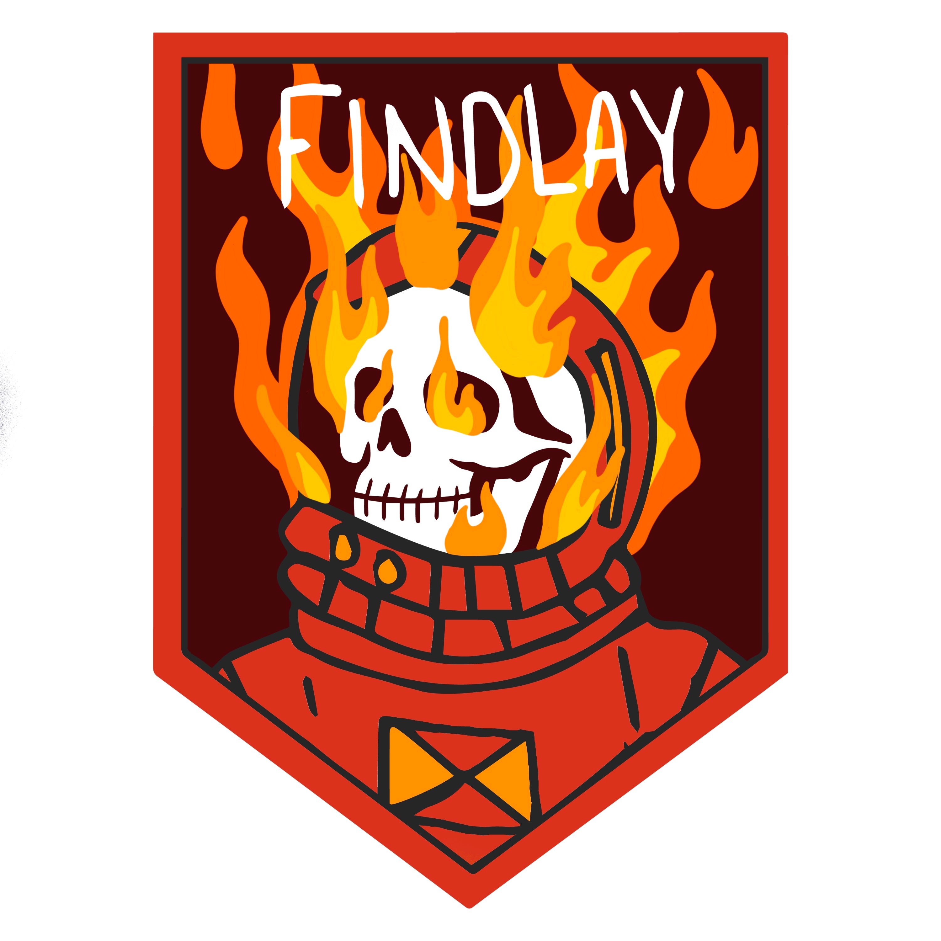 A stylized illustration of a skull wearing a red helmet with flames emanating from it, set against a dark red background.