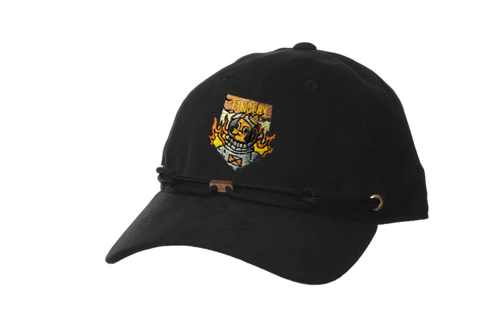 A black baseball cap with a colorful graphic design on the front.