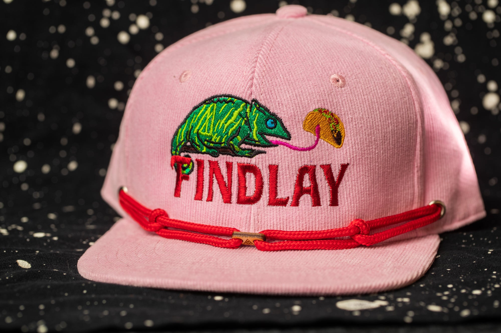 A pink baseball cap with a graphic of a green chameleon and the word "FINDLAY" printed on it.