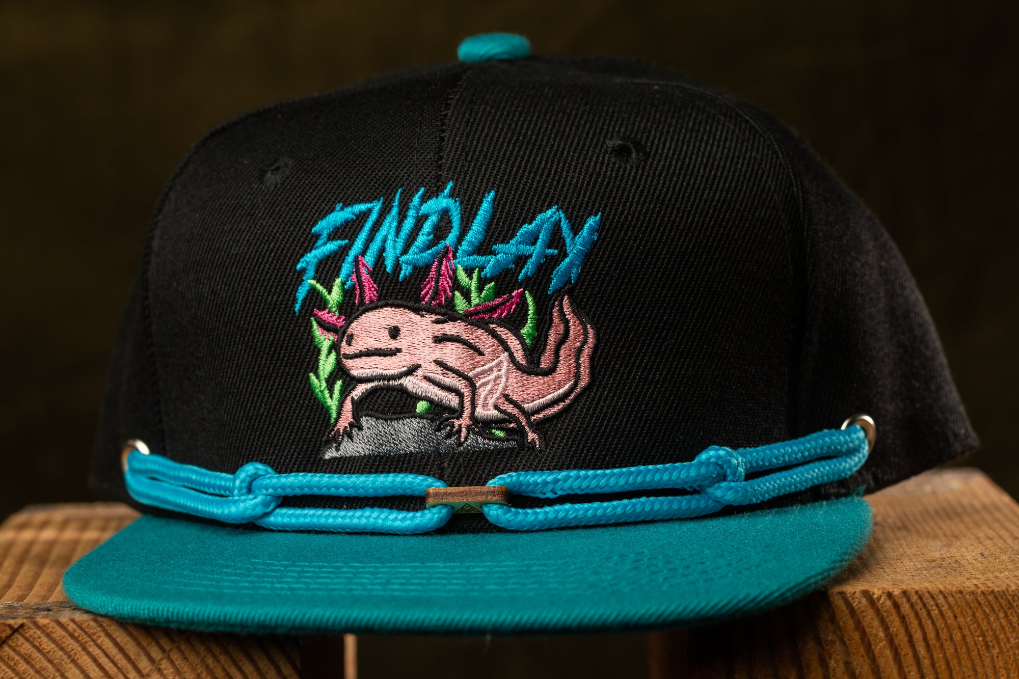 A black baseball cap with a teal brim and a graphic of a pink salamander on the front.