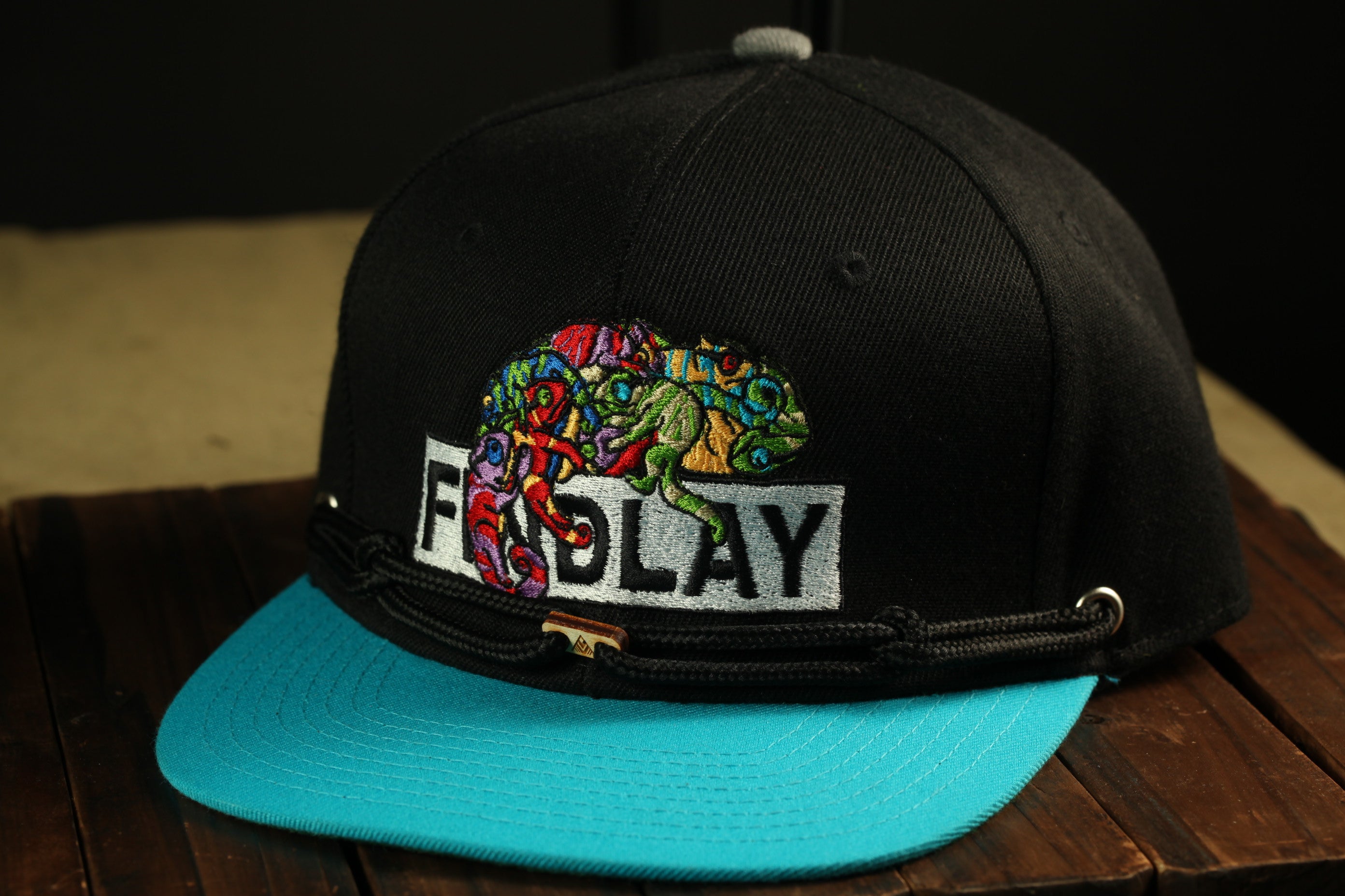 A black baseball cap with a colorful, embroidered design on the front, featuring a chameleon-like creature.