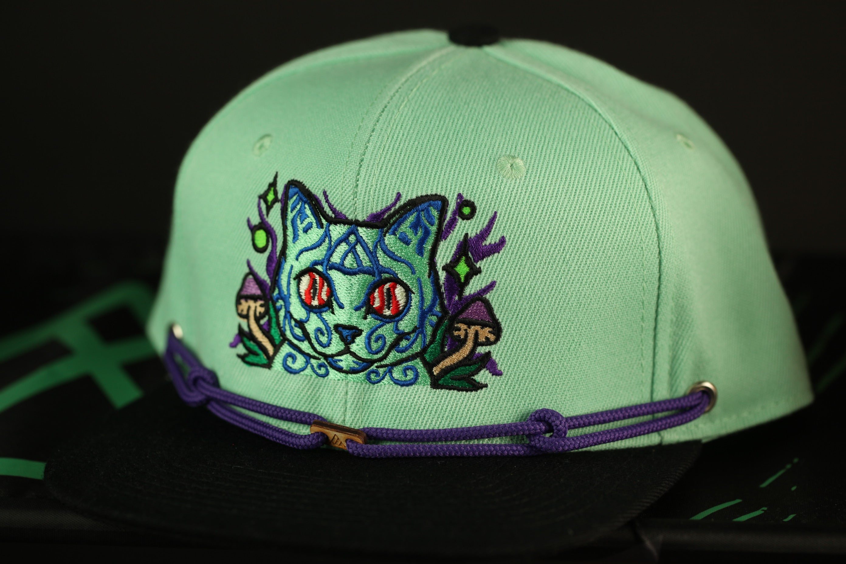 A close-up image of a green baseball cap with a purple and black embroidered design featuring a cat's face.