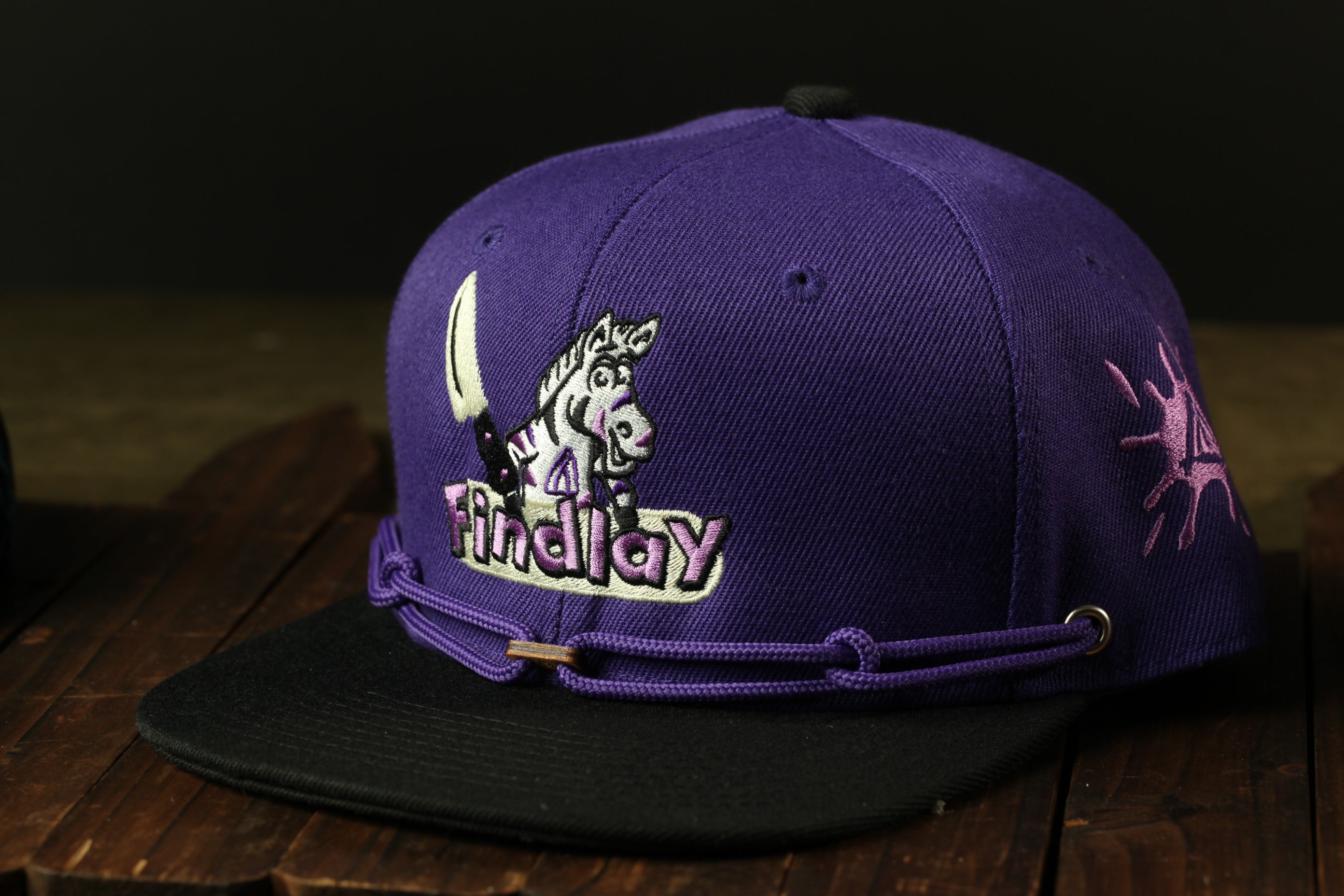 A purple baseball cap with a cartoon zebra logo and the word "Findlay" printed on it.