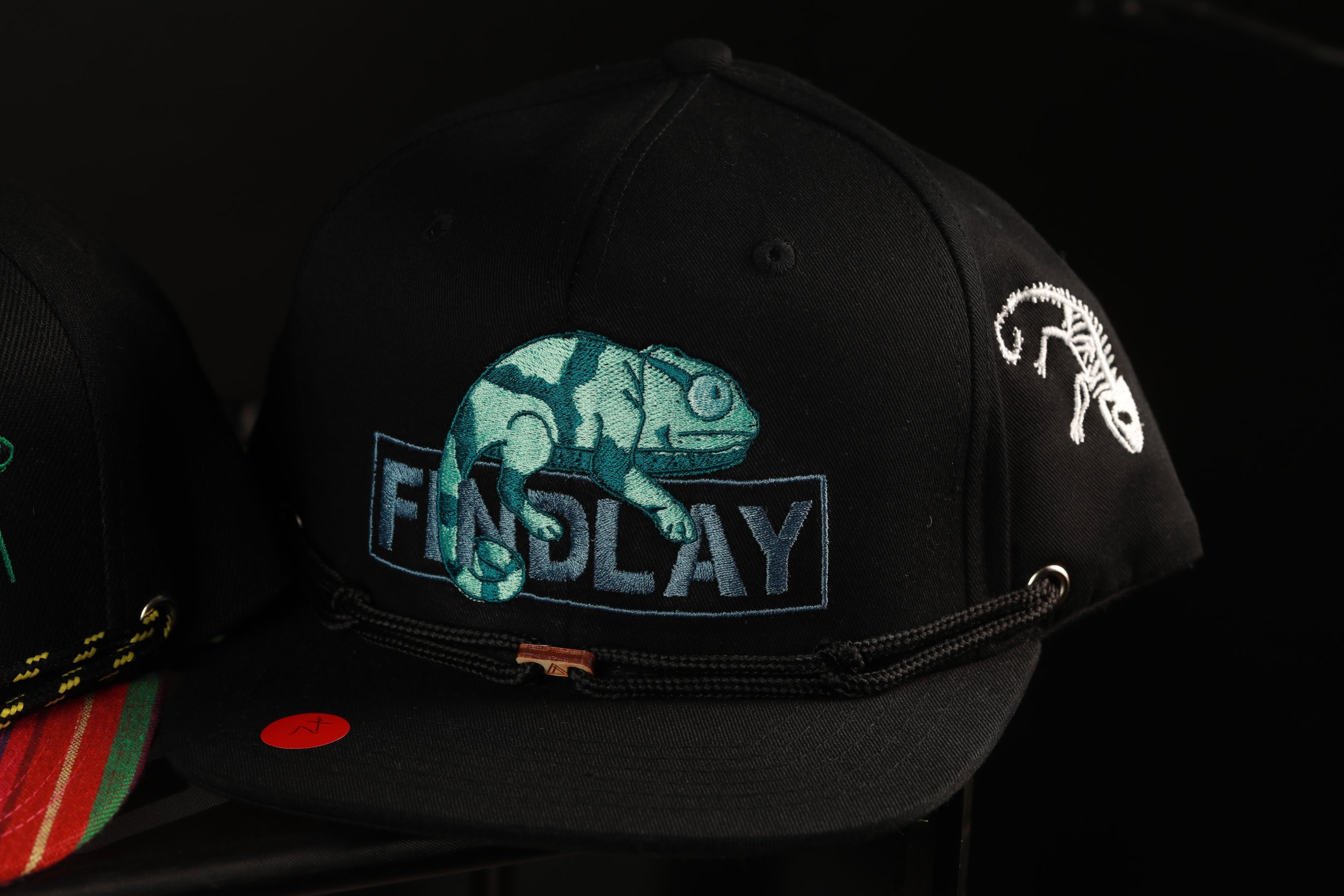A black baseball cap with a graphic of a chameleon and the word "FINDlay" printed on it.