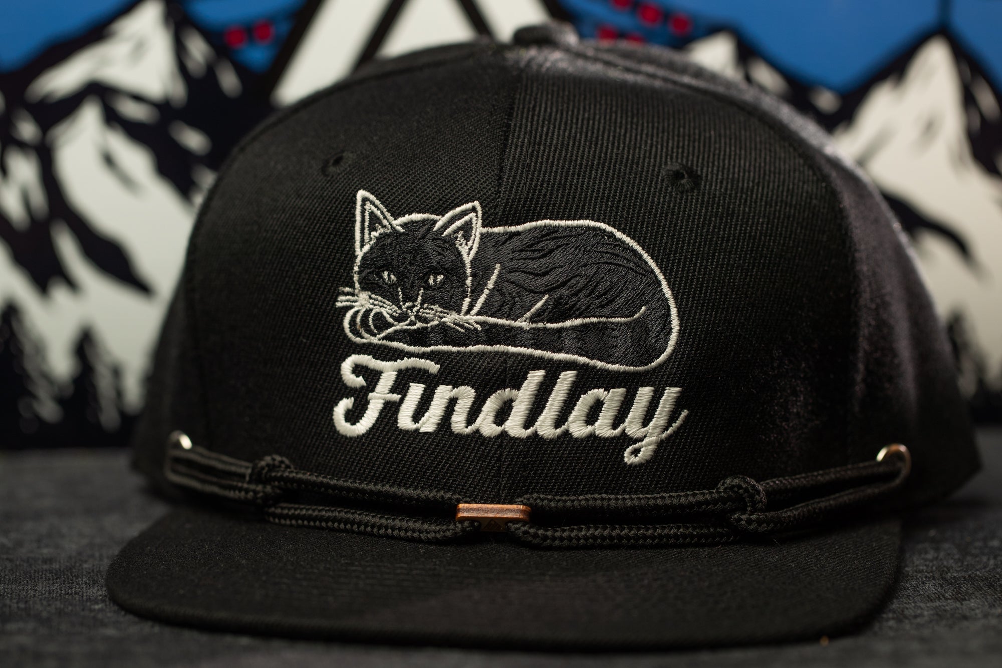 A black baseball cap with a cat embroidered on it, and the word "Findlay" printed on it.