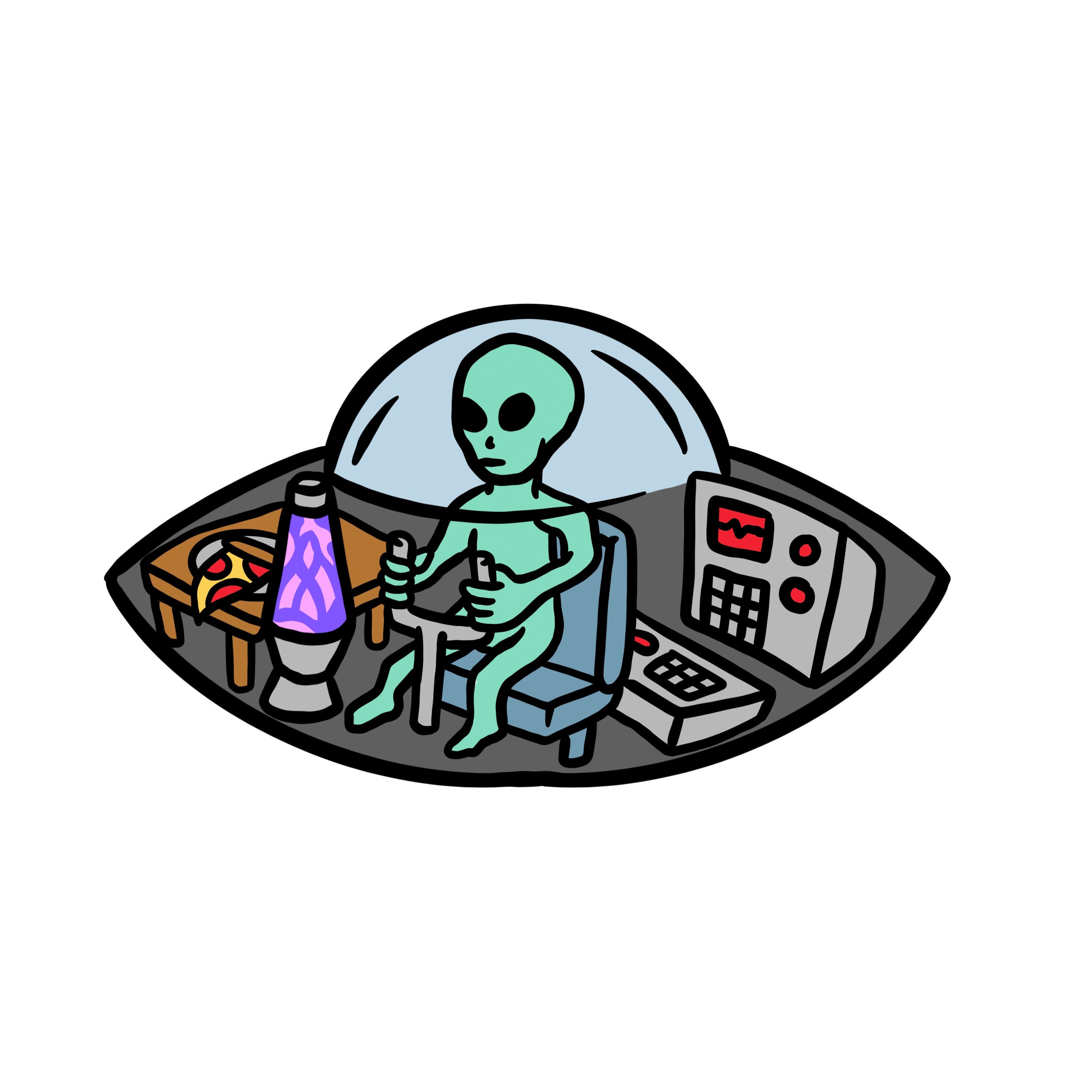 A cartoon illustration of an alien sitting in a spaceship cockpit, surrounded by various futuristic equipment and objects.