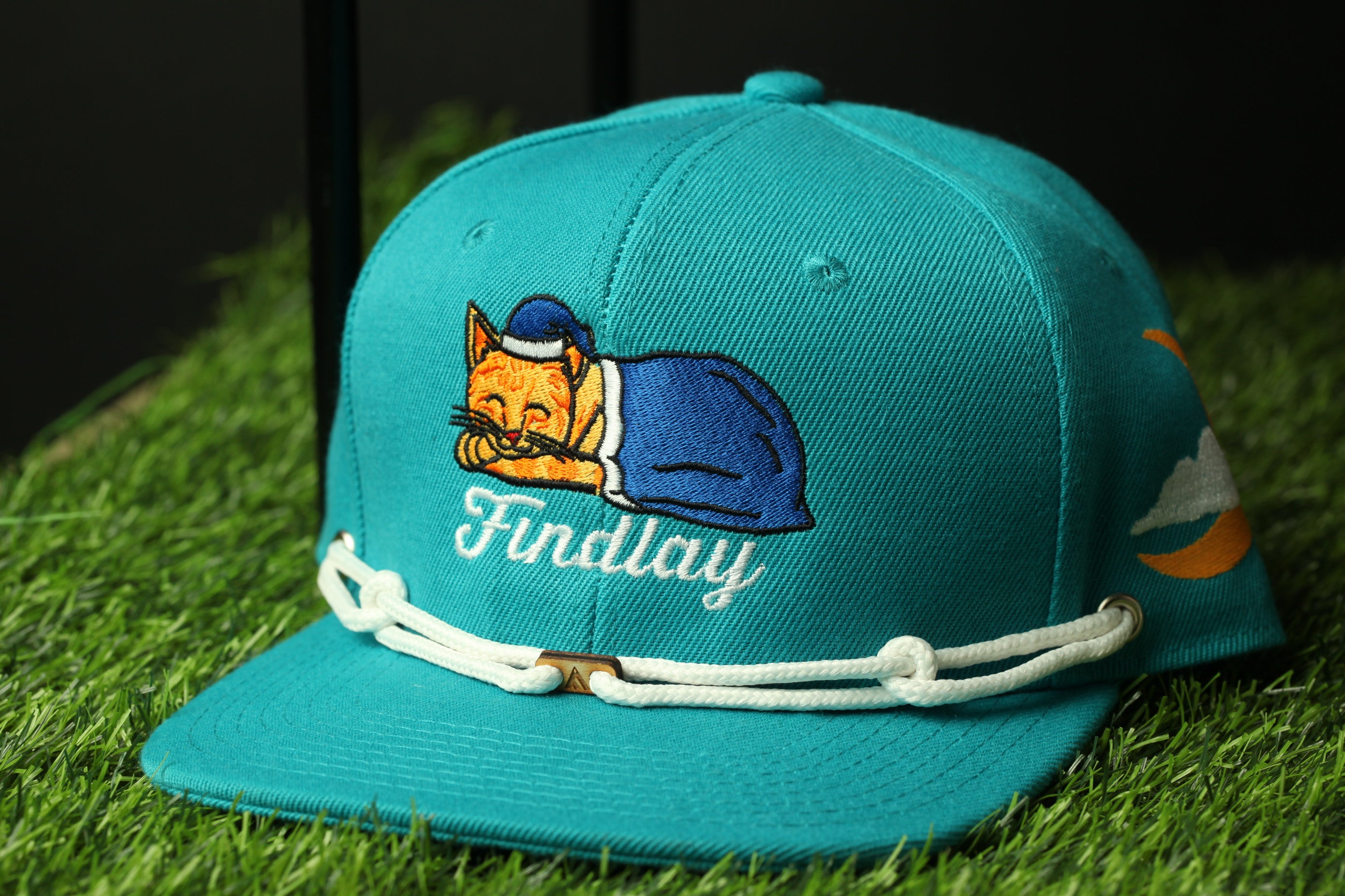 A turquoise baseball cap with a cat embroidered on it, sitting on a grassy surface.