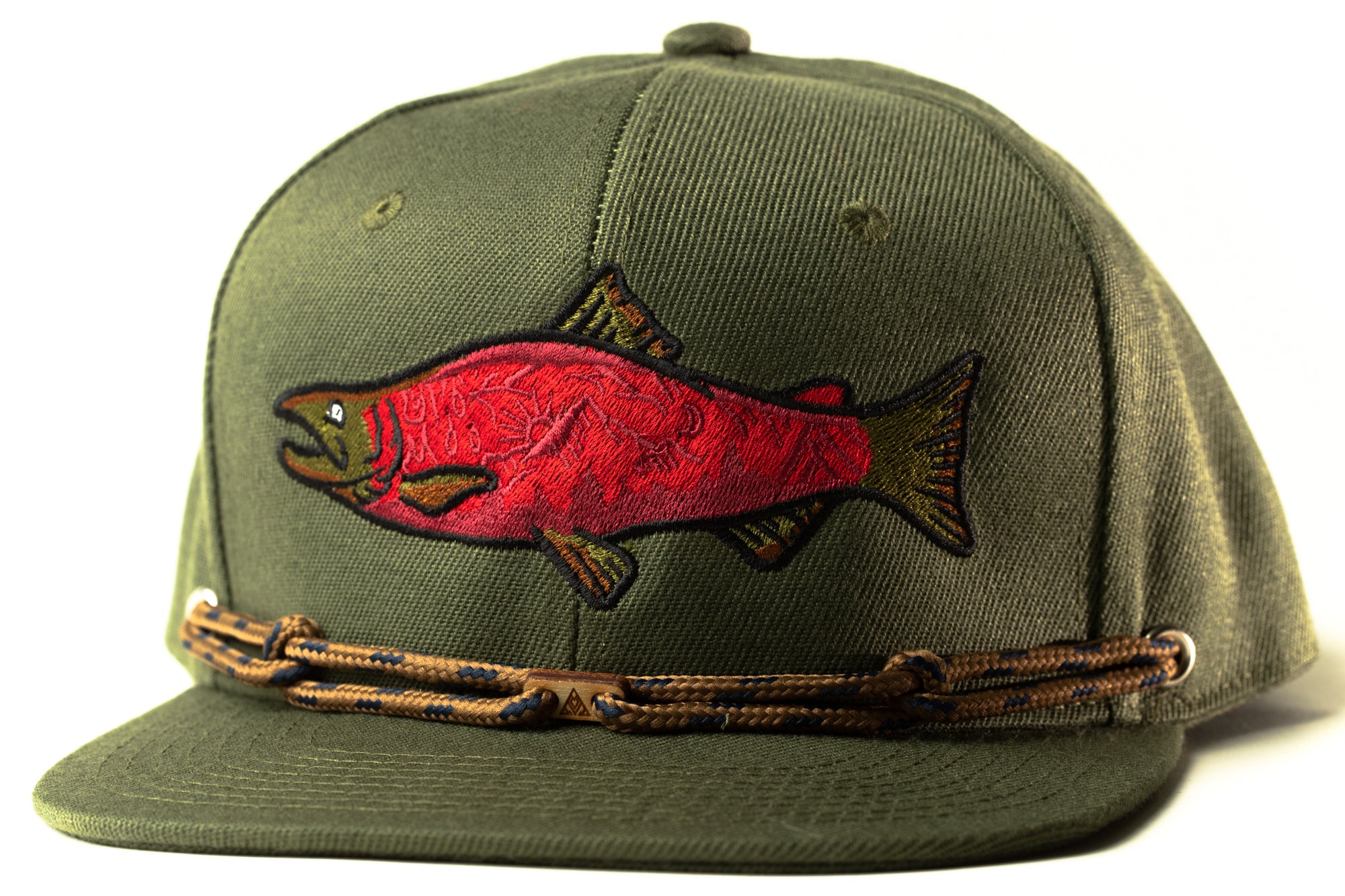 A green baseball cap with a red fish embroidered on it.