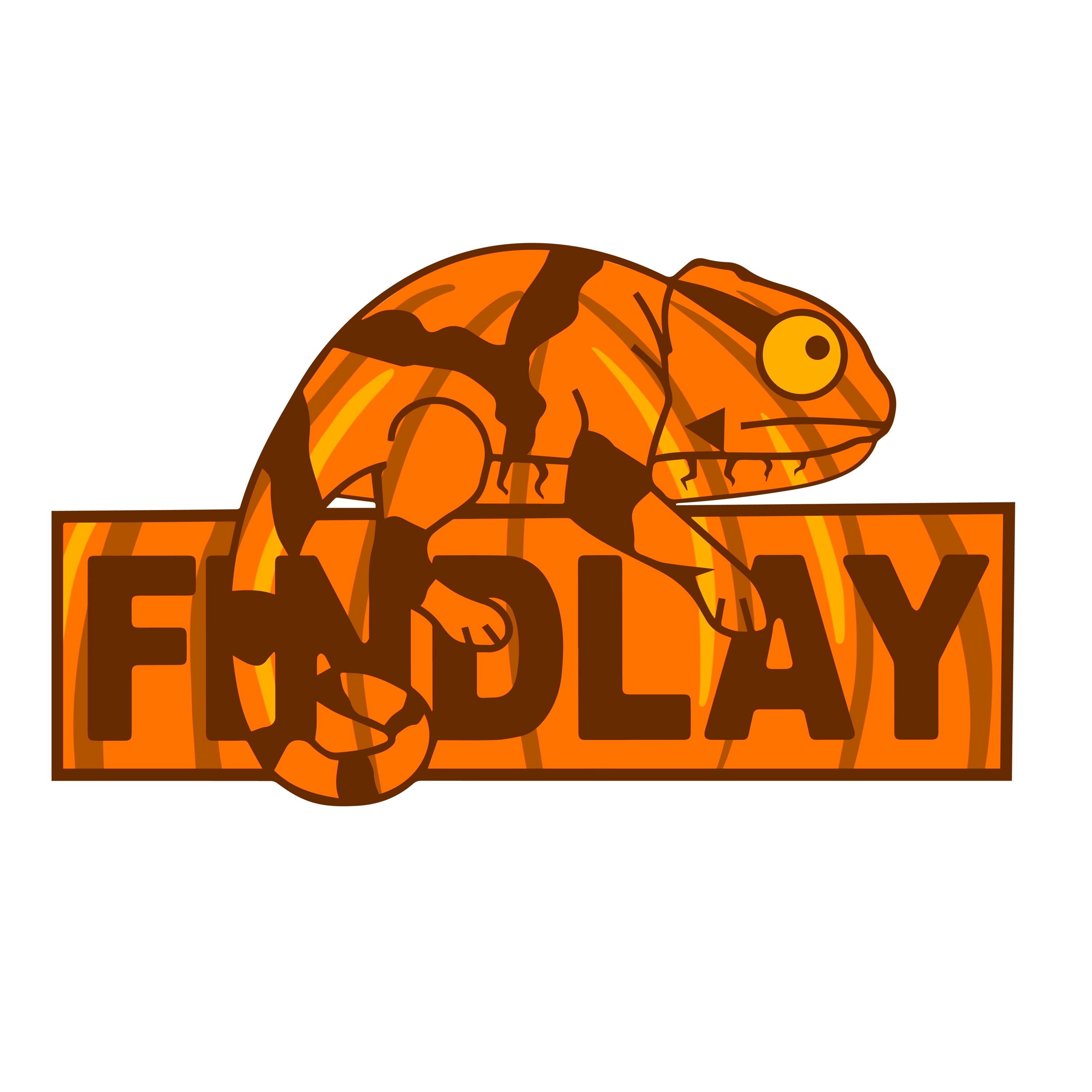 An orange chameleon is sitting on a sign with the word "FINDlay" written on it.