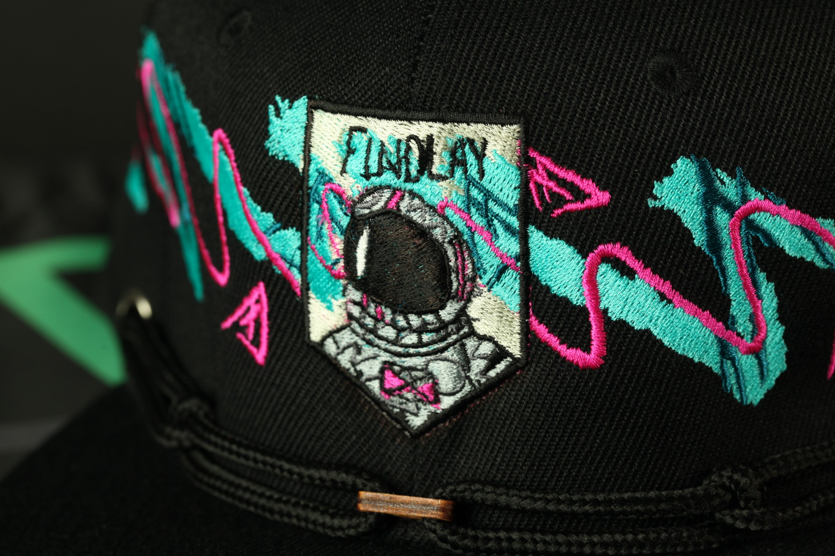 A close-up view of a black baseball cap with a colorful, retro-style design featuring a patch with a space suit and the word "FINDLEY" written on it.