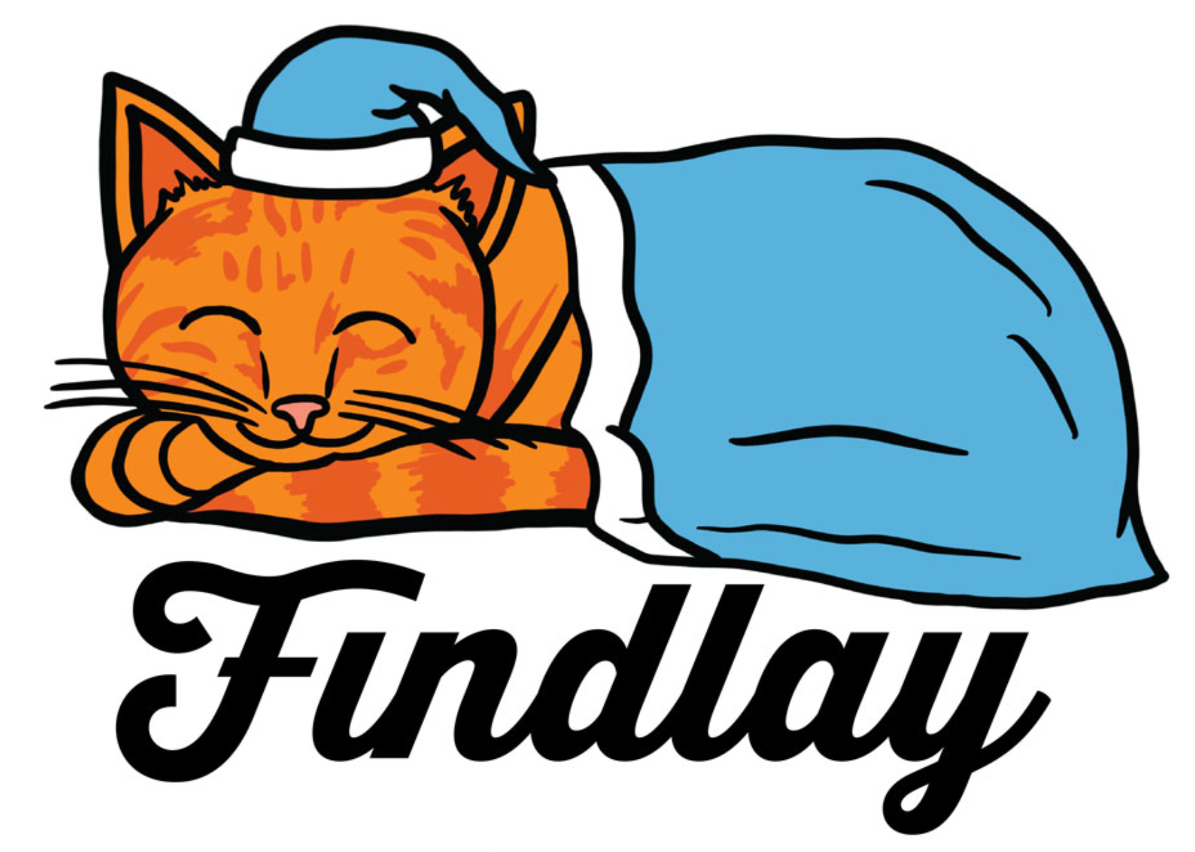 A cartoon image of a cat wearing a blue hat and sleeping on a blue blanket, with the word "Findlay" written below it.