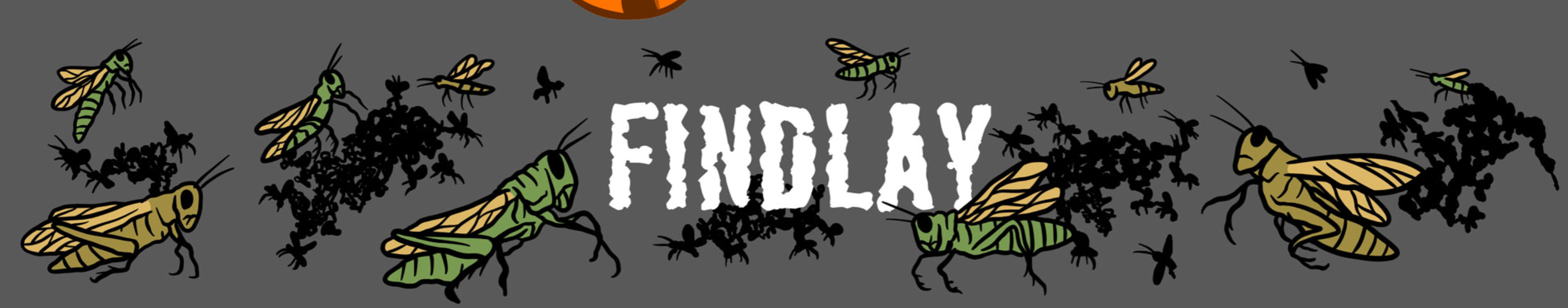 a group of stylized insects, including grasshoppers and flies, with the word "FINDLAY" prominently displayed in the center.