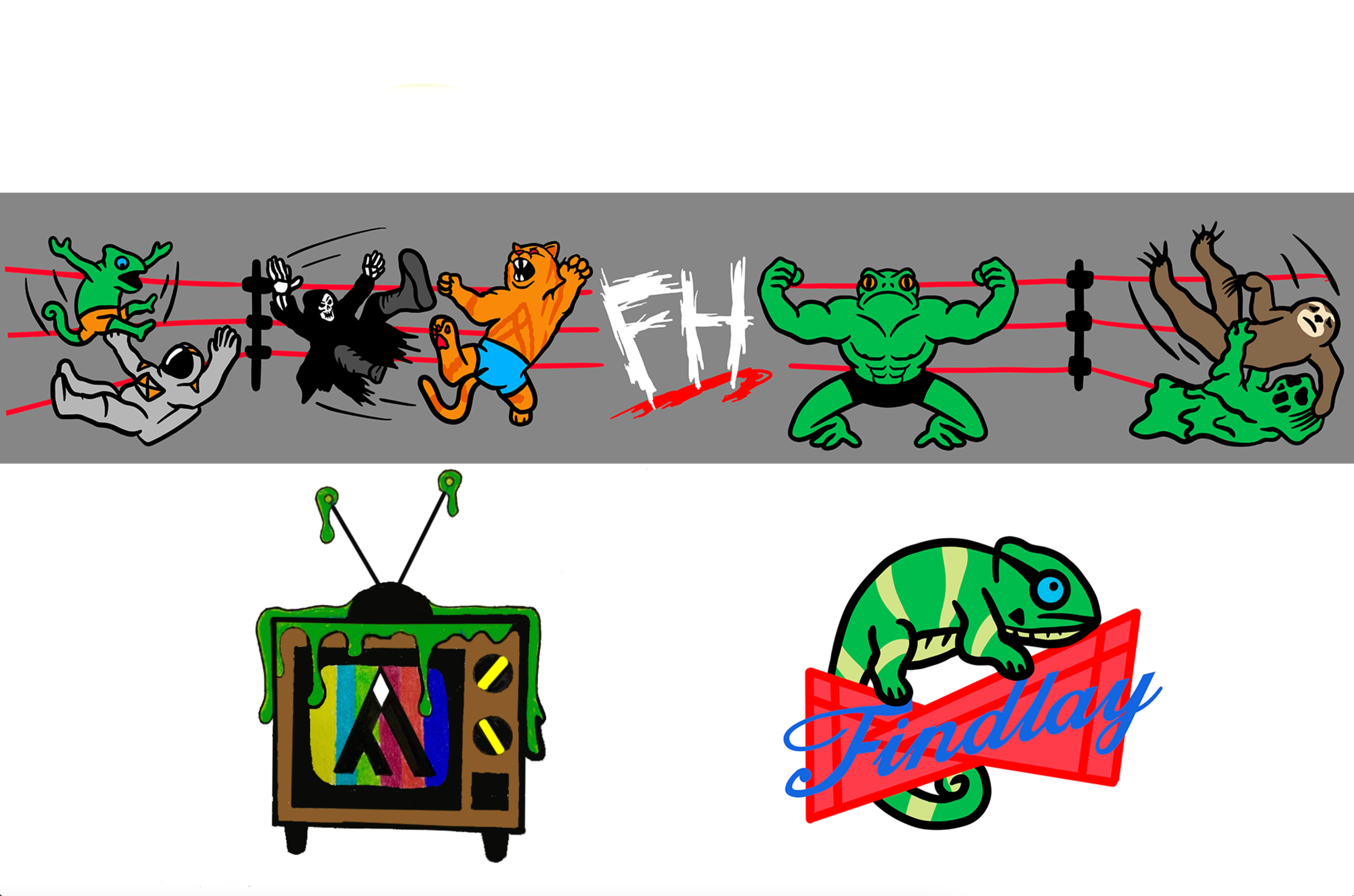 a variety of cartoon-style illustrations, including a frog, a cat, a chameleon, and a television.