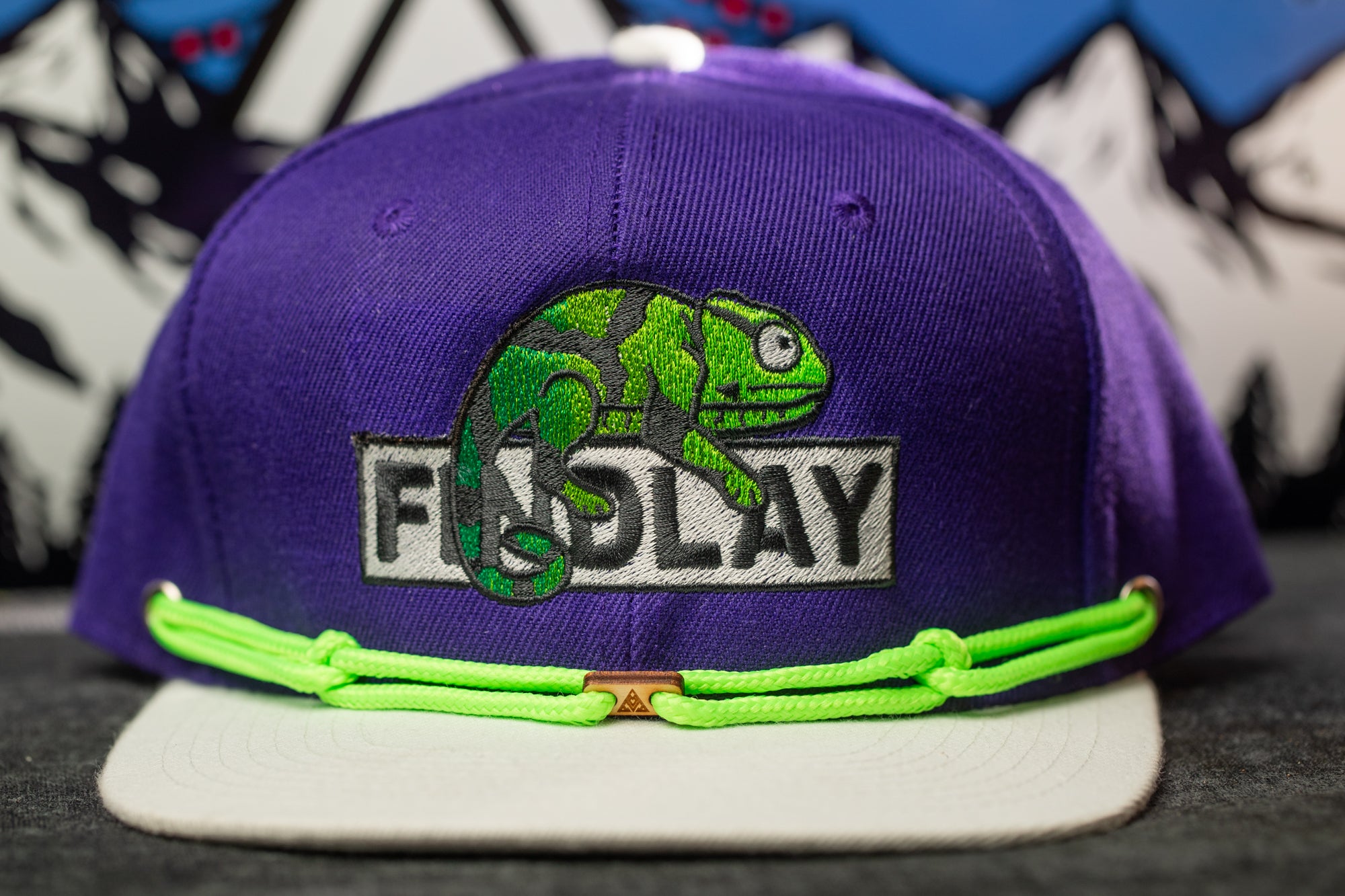 A purple baseball cap with a green chameleon design and the word "FIDLAY" printed on it.