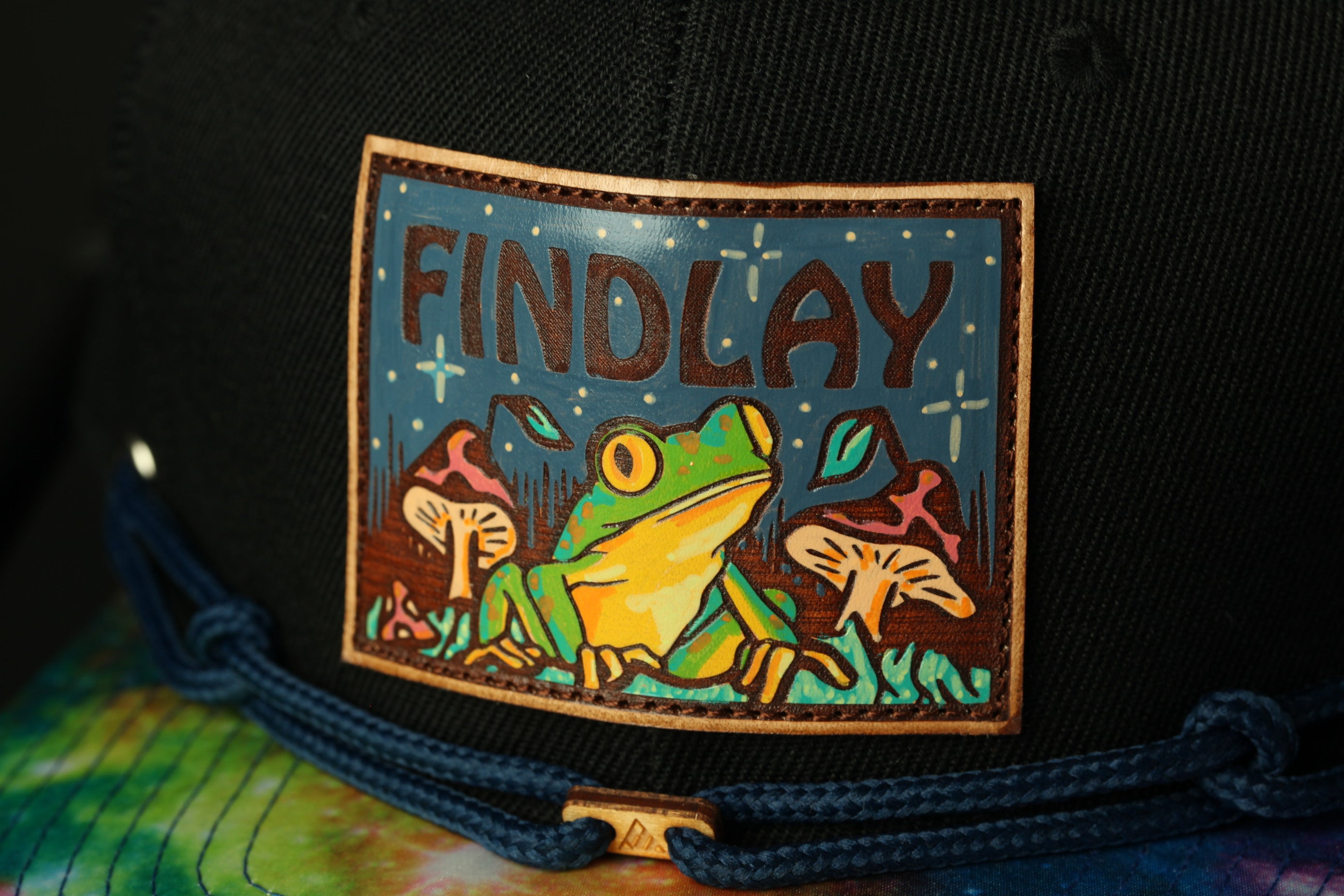 A close-up of a black baseball cap with a colorful patch featuring a frog and mushrooms.