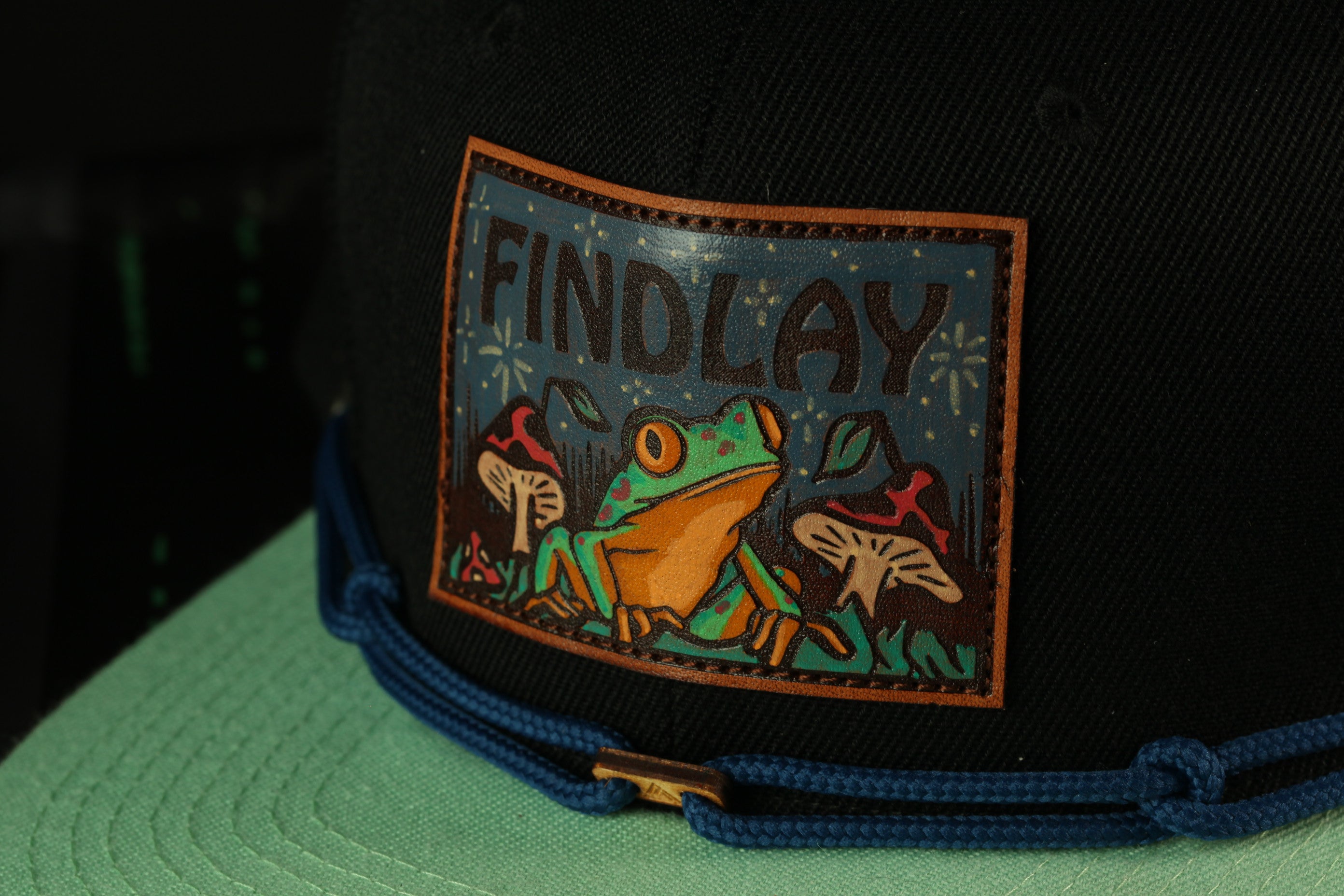 A close-up of a black baseball cap with a colorful patch featuring a frog and mushrooms.