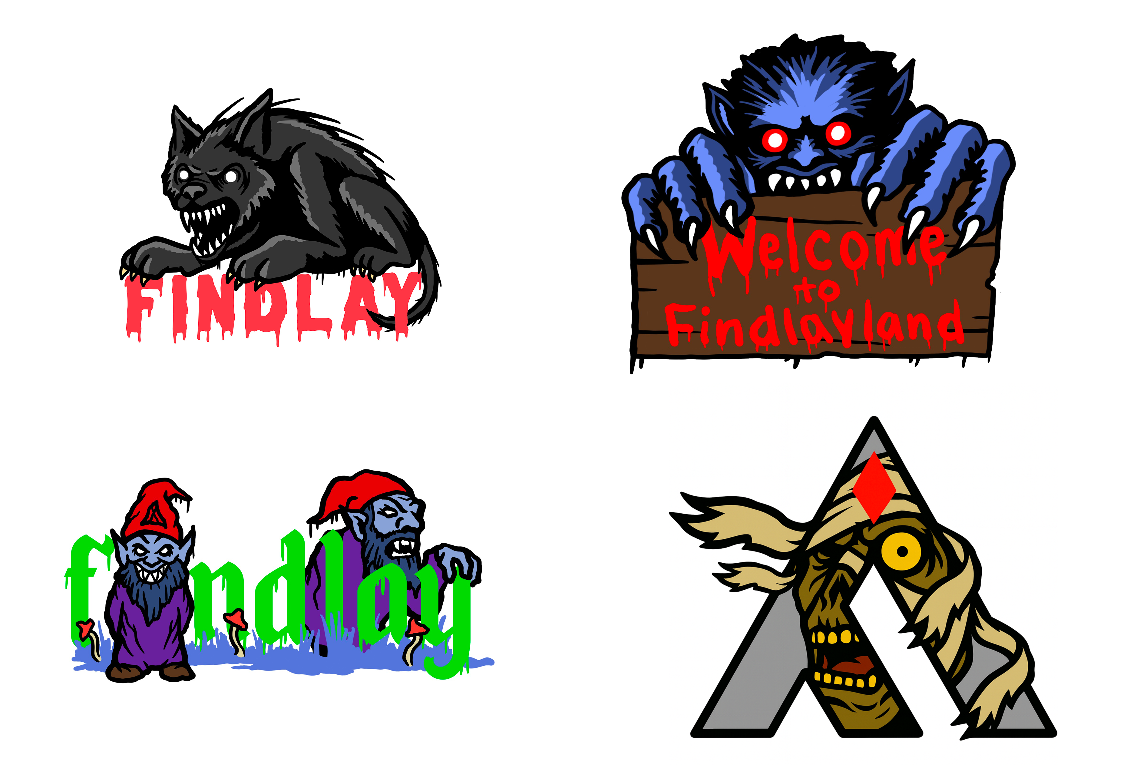 four distinct illustrations, each with a unique design and theme. The first illustration features a black cat with a menacing expression, the second illustration depicts a blue monster with glowing red eyes, the third illustration shows two gnomes, and the fourth illustration presents a large letter 'A' with a red gemstone on top.