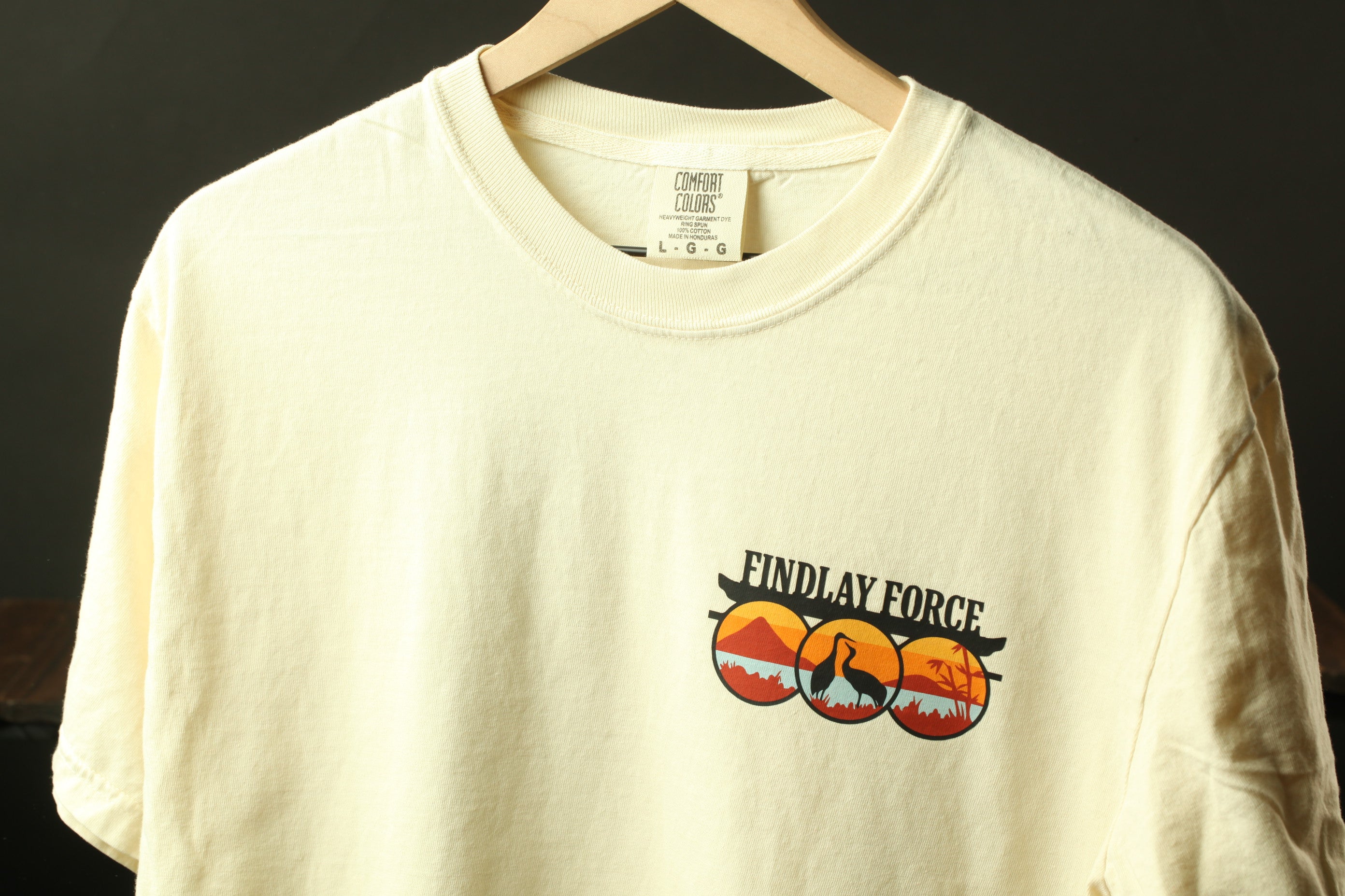 A white t-shirt with a graphic design on the front, featuring a bird silhouette and the text "Findlay Force".